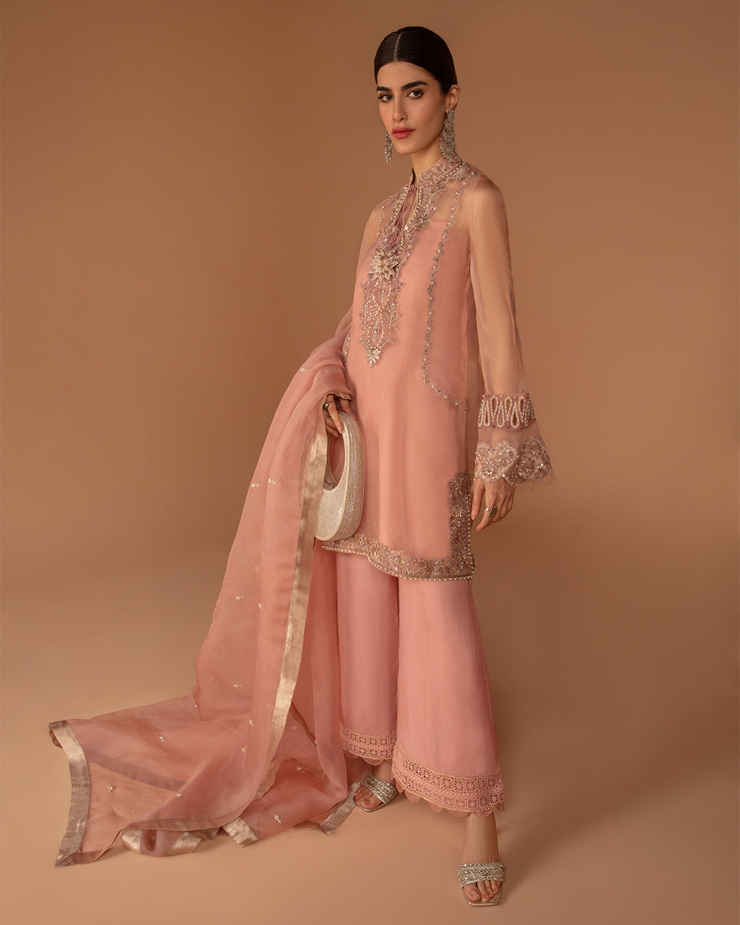 Pakistani Peach Embroidered Organza Salwar Kameez (3-Piece) - Image 2