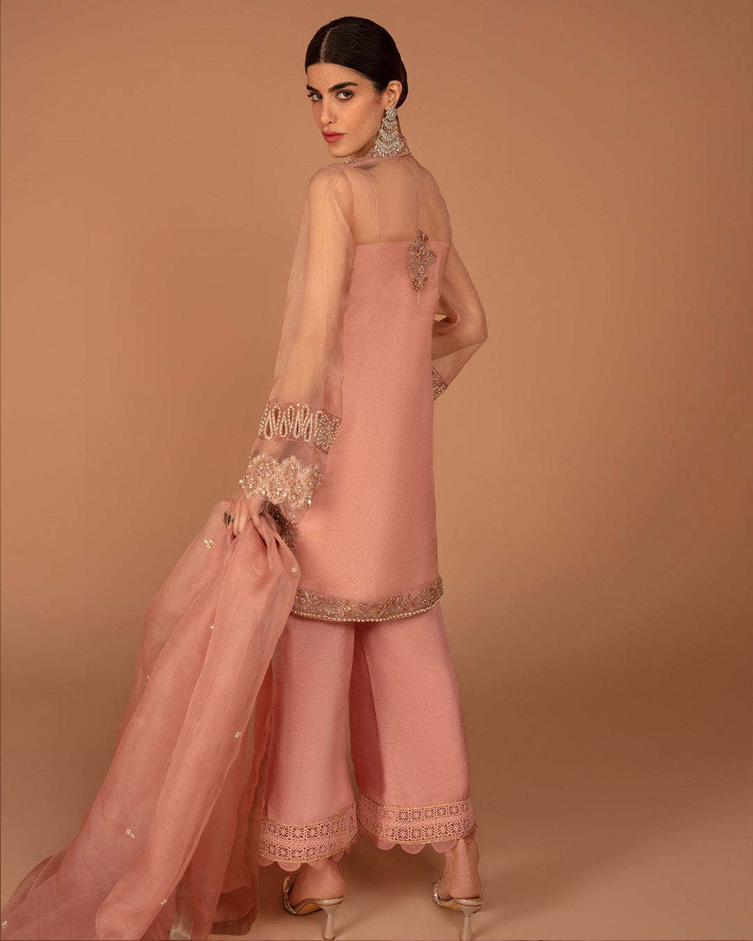 Pakistani Peach Embroidered Organza Salwar Kameez (3-Piece) - Image 3