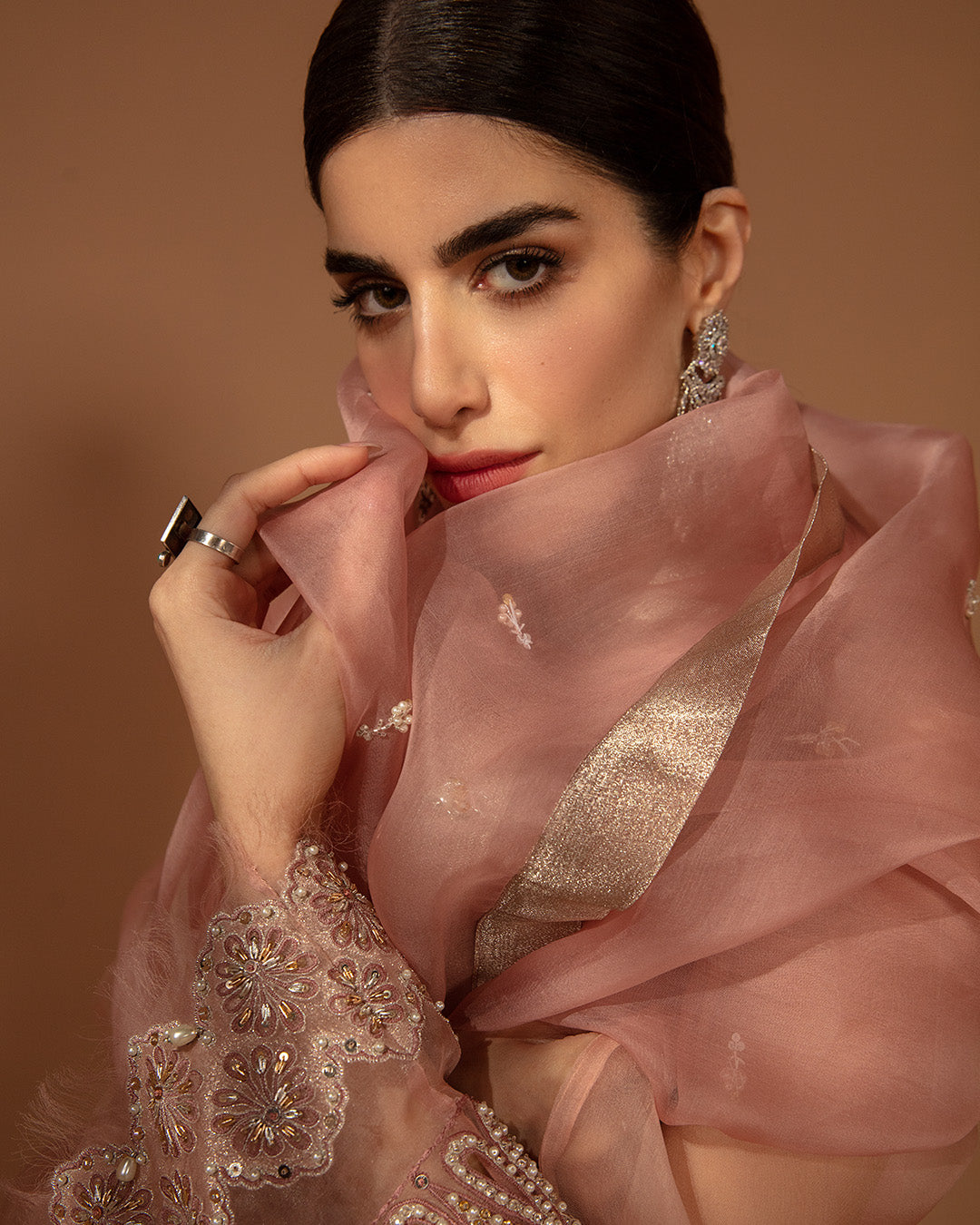 Pakistani Peach Embroidered Organza Salwar Kameez (3-Piece) - Image 5