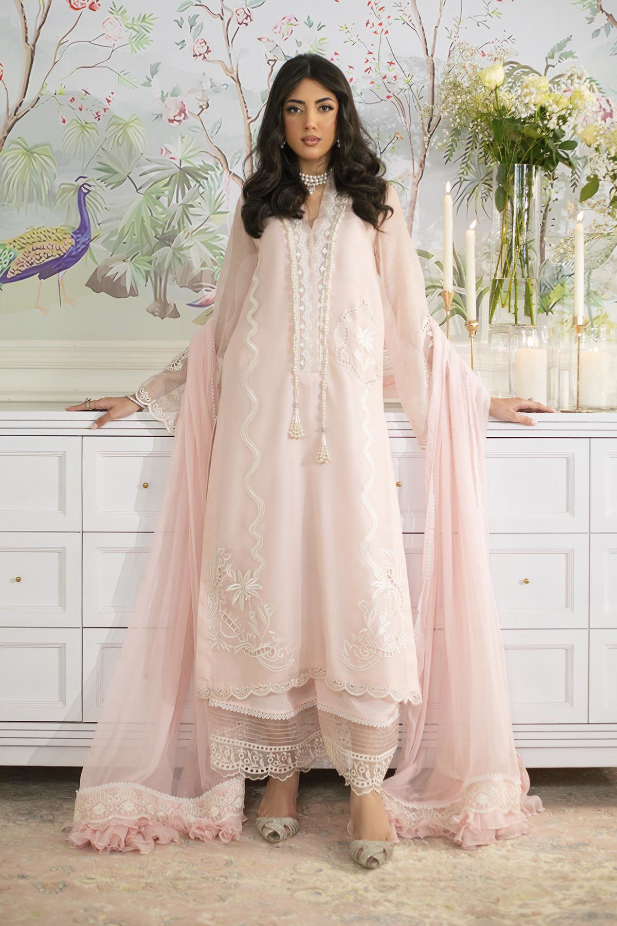 Pink Resham Embroidered Organza Salwar Kameez (3-Piece) - Image 1