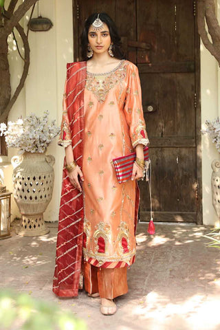 Peach Embroidered Tissue Silk Organza Salwar Kameez (3-Piece) - Image 2