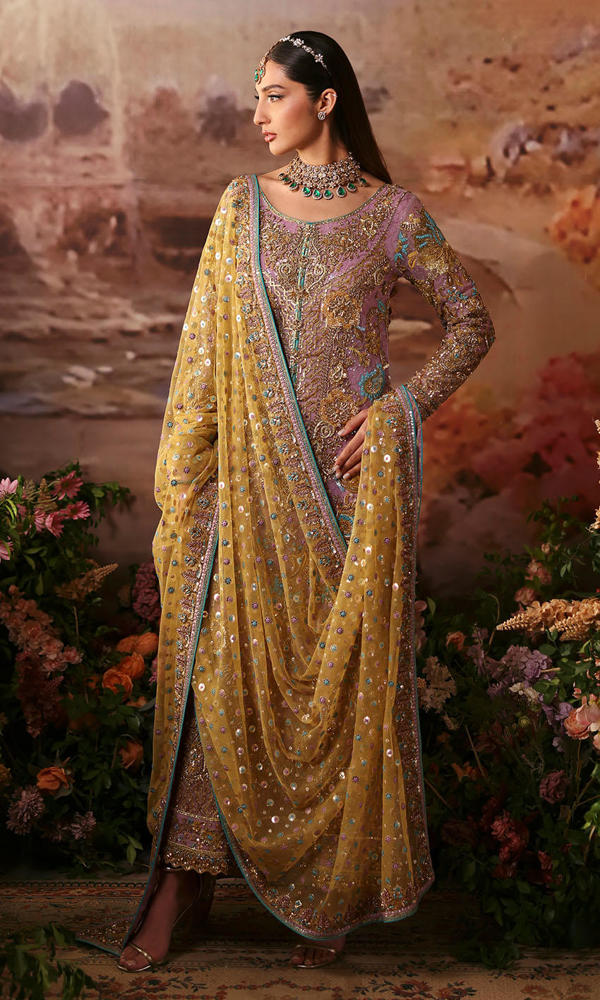 Pakistani Mauve Resham Embroidered Organza Salwar Kameez (3-Piece) - Image 5