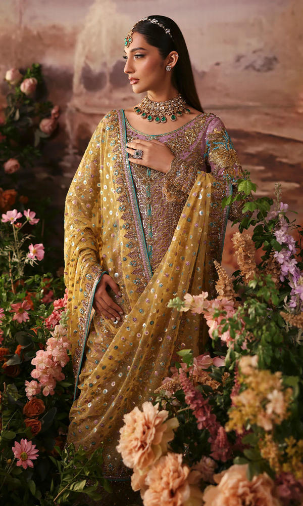 Pakistani Mauve Resham Embroidered Organza Salwar Kameez (3-Piece) - Image 6