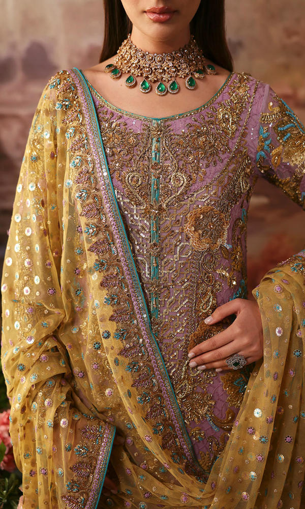 Pakistani Mauve Resham Embroidered Organza Salwar Kameez (3-Piece) - Image 7