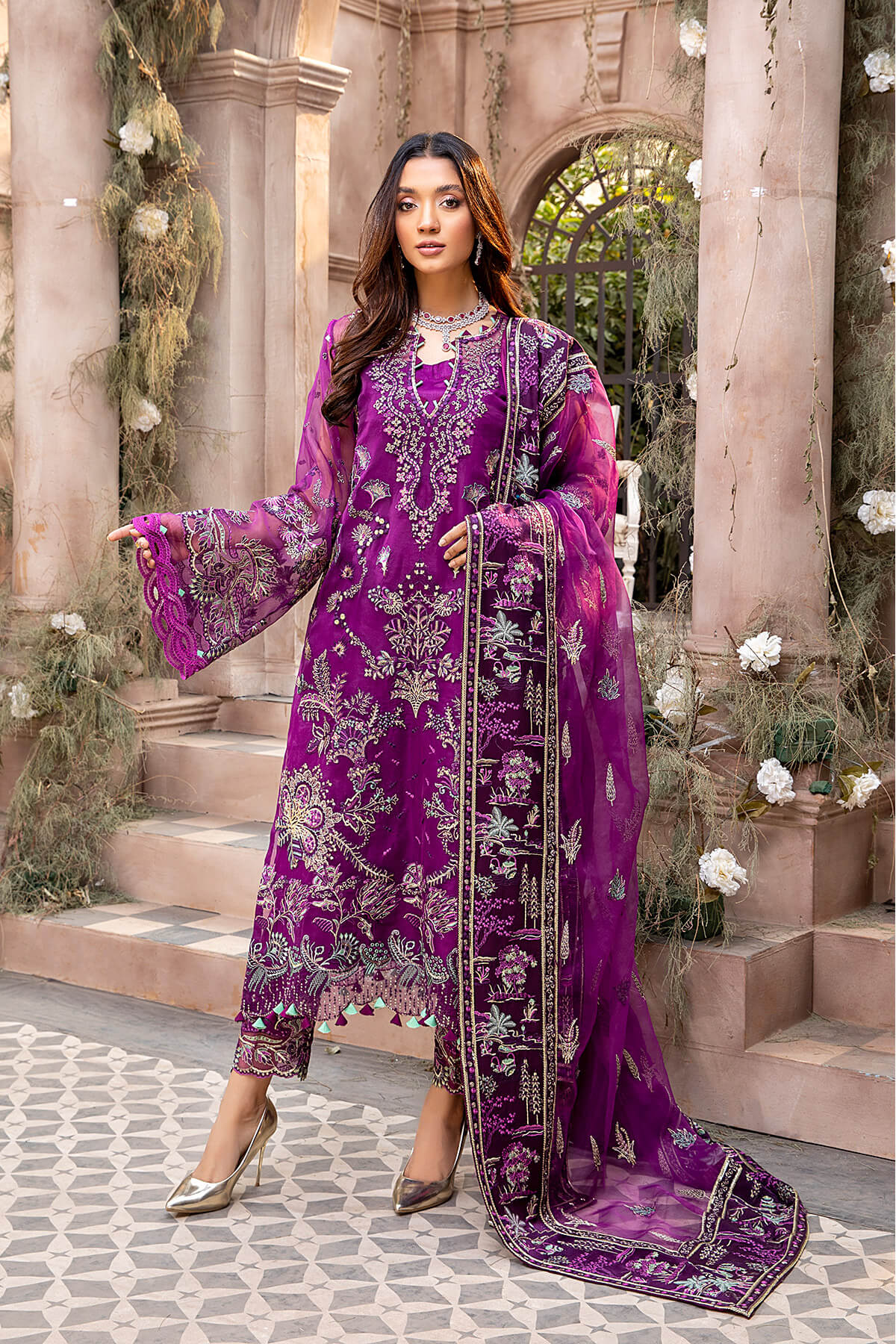 Magenta Embroidered Organza Silk Salwar Kameez (3-Piece) - Image 1