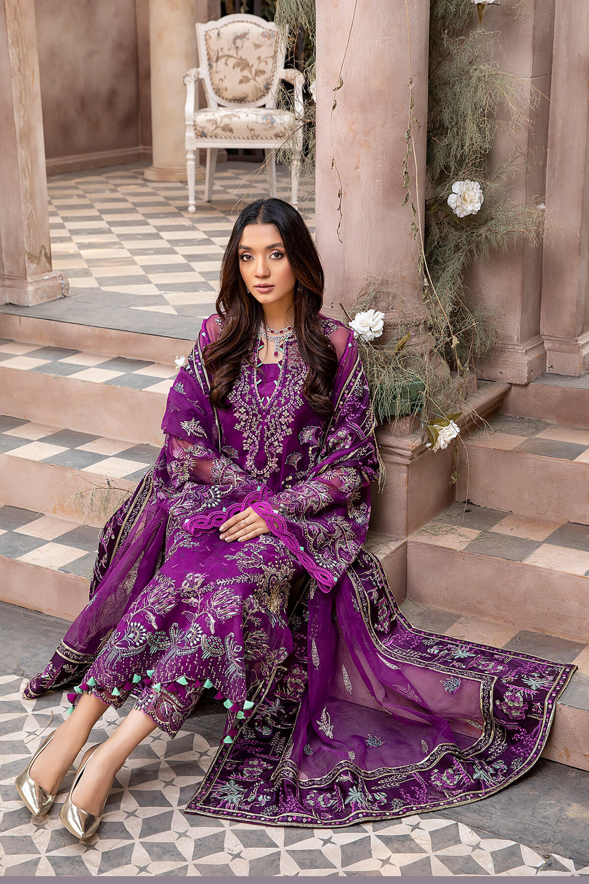 Magenta Embroidered Organza Silk Salwar Kameez (3-Piece) - Image 2