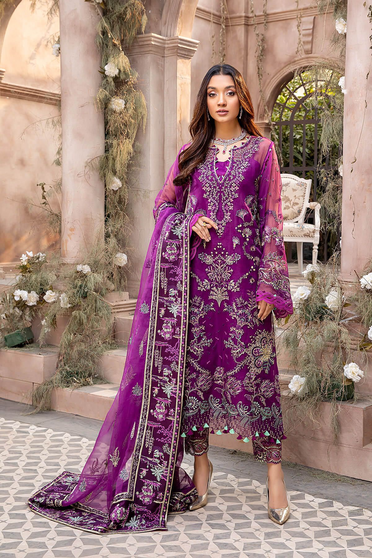 Magenta Embroidered Organza Silk Salwar Kameez (3-Piece) - Image 3