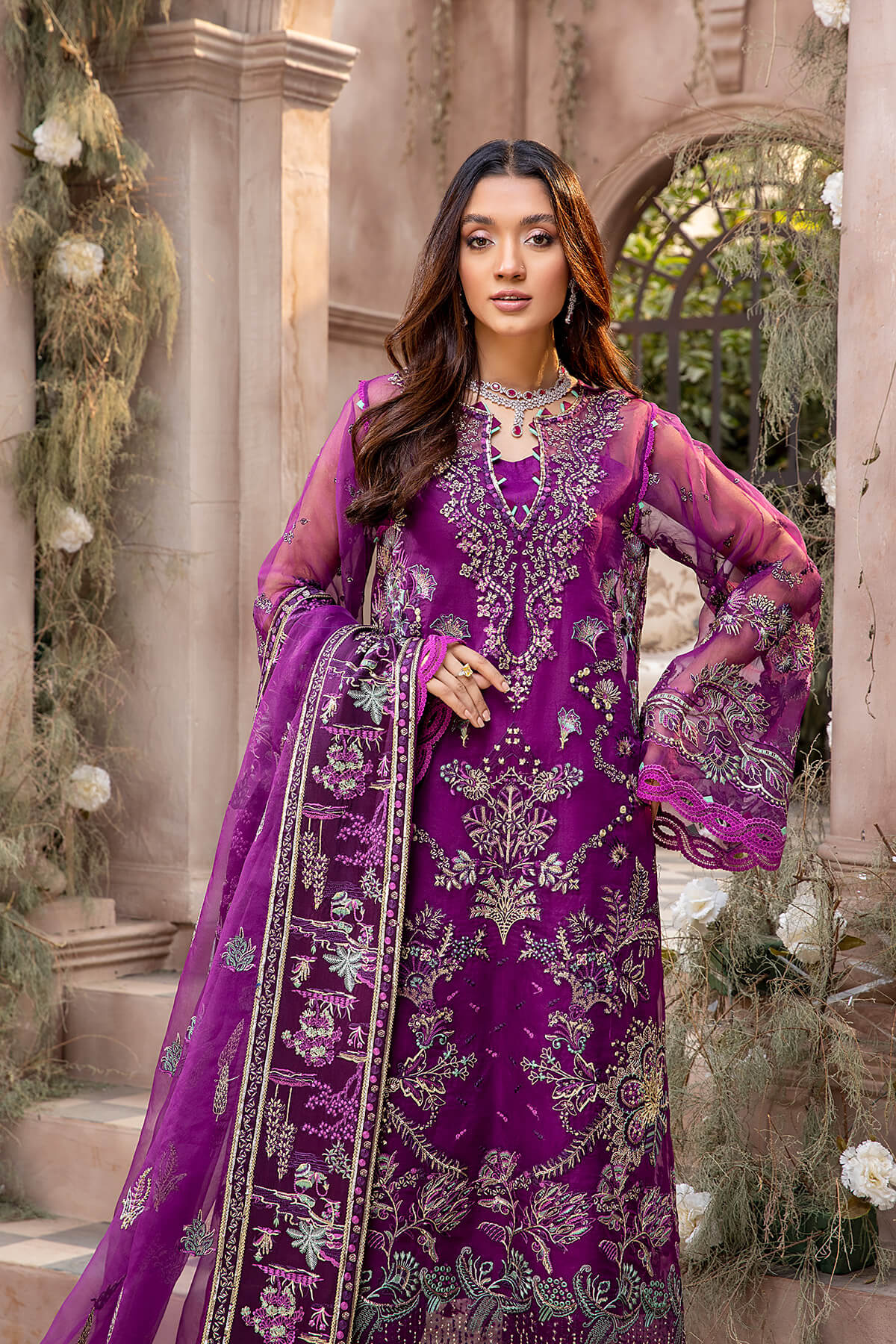 Magenta Embroidered Organza Silk Salwar Kameez (3-Piece) - Image 4