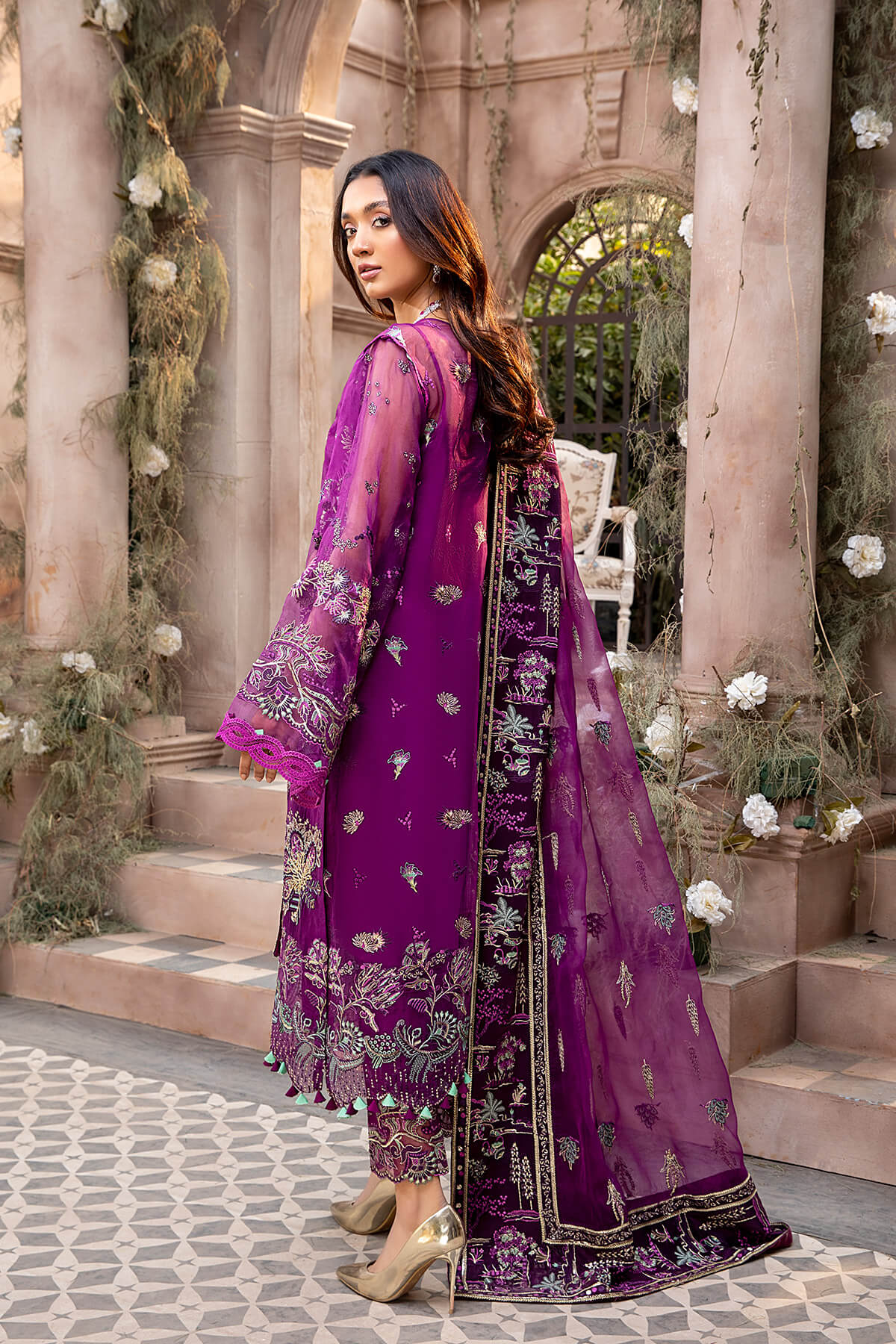 Magenta Embroidered Organza Silk Salwar Kameez (3-Piece) - Image 5