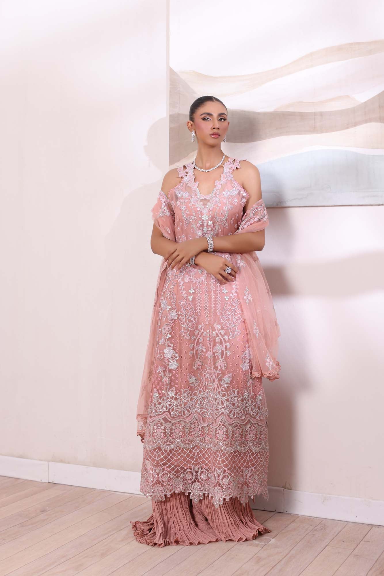 Pakistani Blush Pink Sequin & Schiffli Organza Salwar Kameez (3-Piece) - Image 3