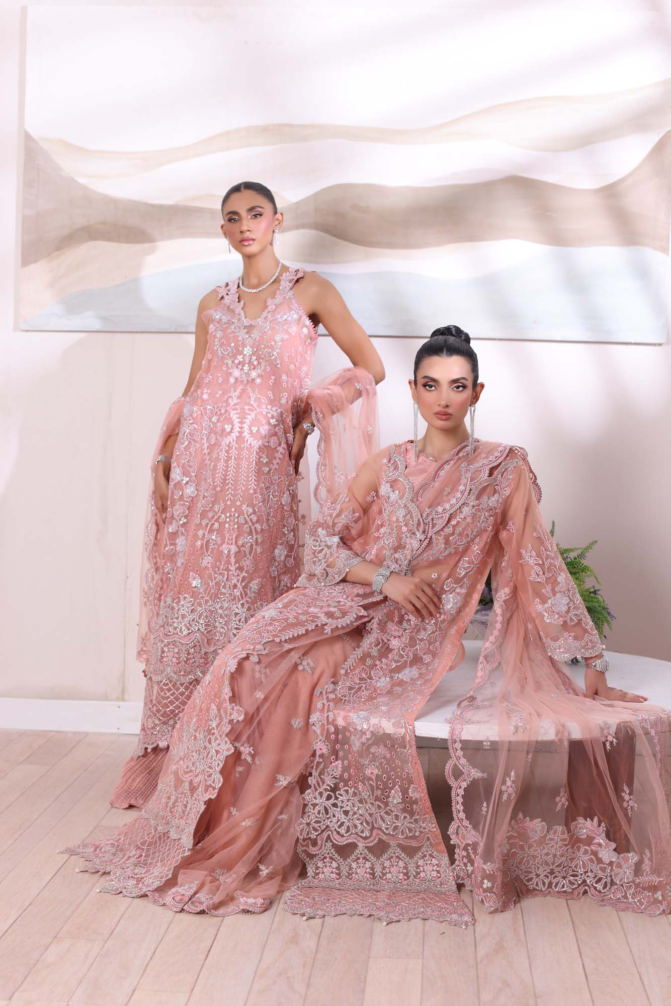 Pakistani Blush Pink Sequin & Schiffli Organza Salwar Kameez (3-Piece) - Image 7