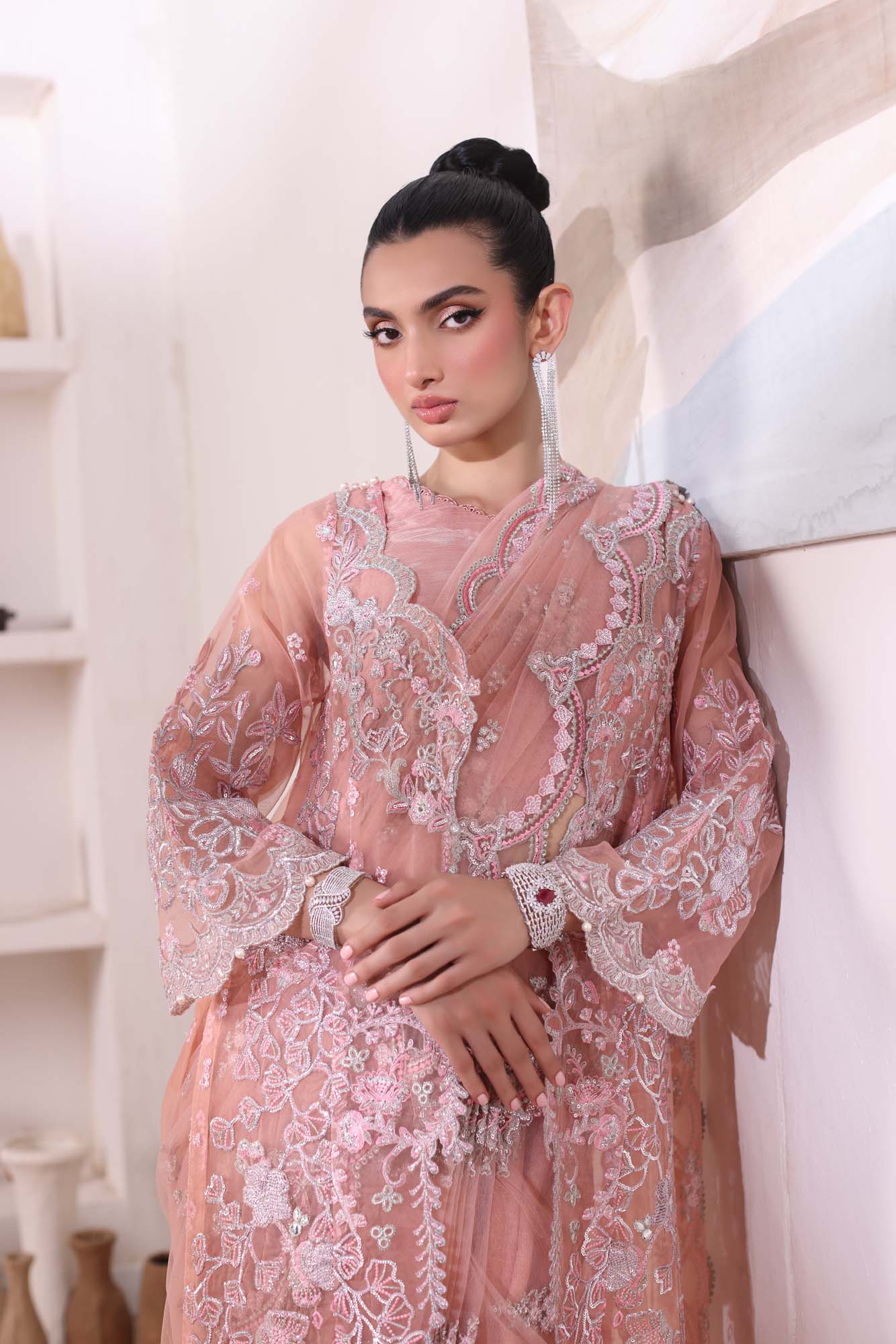 Pakistani Blush Pink Sequin & Schiffli Organza Salwar Kameez (3-Piece) - Image 9