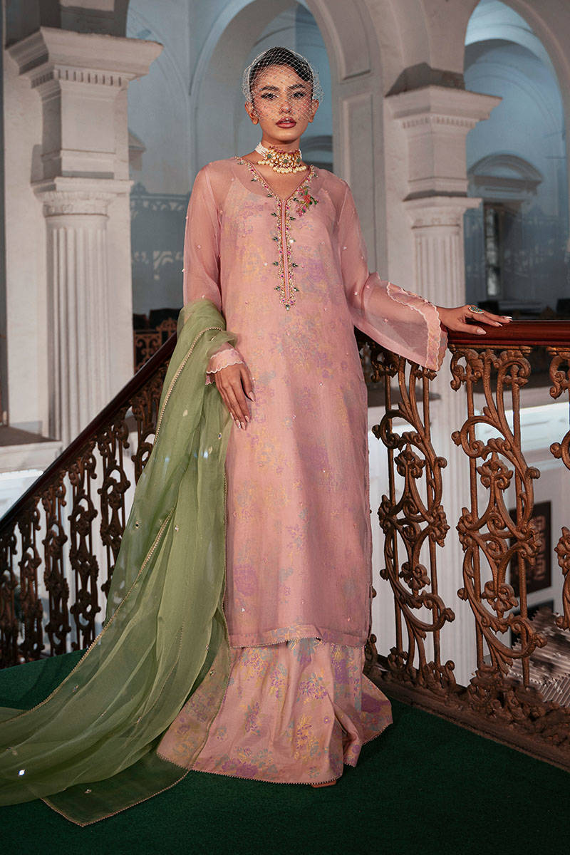 Powder Pink Sheesha Work Organza Salwar Kameez (3-Piece) - Image 1