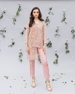 Dull Pink Hand-Embroidered Organza & Silk Shirt Set (2-Piece) - Image 3