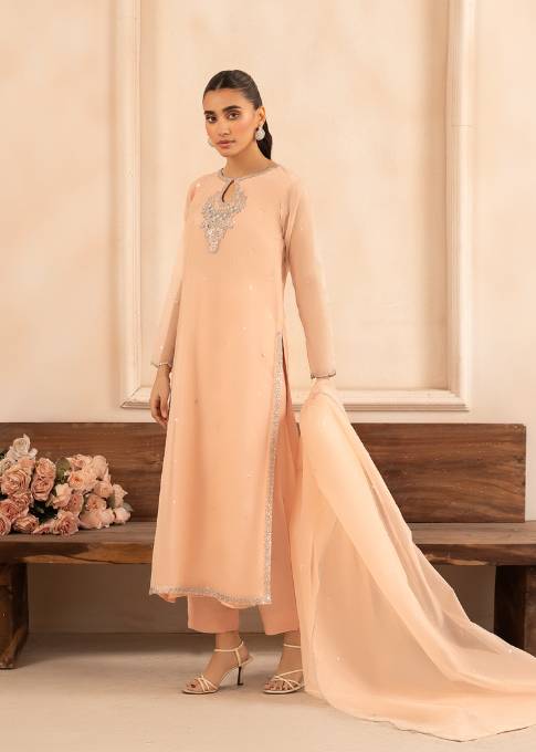 Pakistani Peach Embroidered Organza Kurta Set (3-Piece) - Image 1