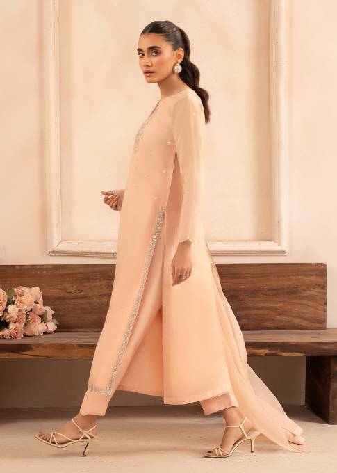Pakistani Peach Embroidered Organza Kurta Set (3-Piece) - Image 2