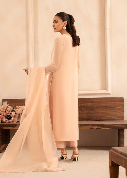 Pakistani Peach Embroidered Organza Kurta Set (3-Piece) - Image 3