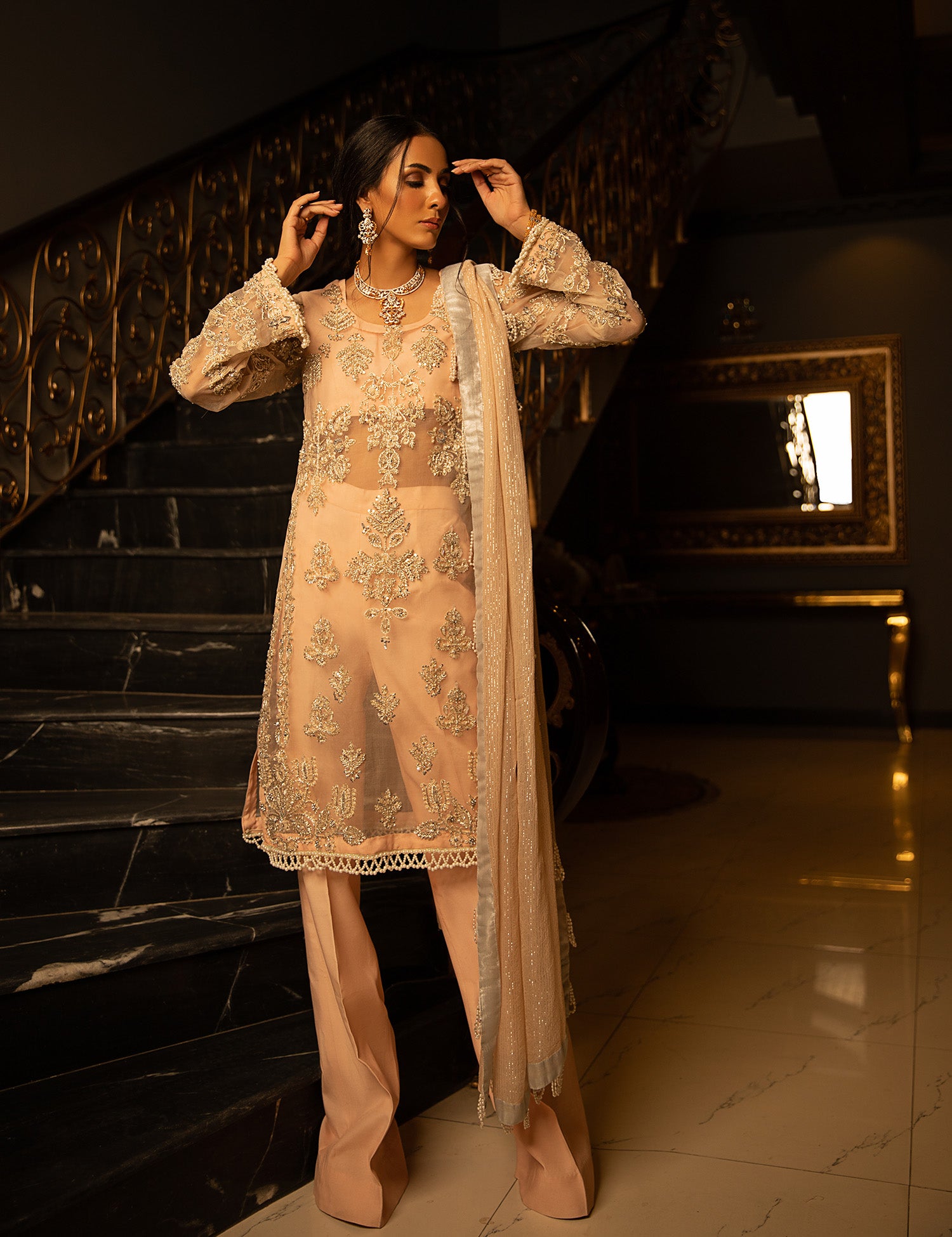 Peachy Pink Embellished Organza Salwar Kameez (3-Piece) - Image 1