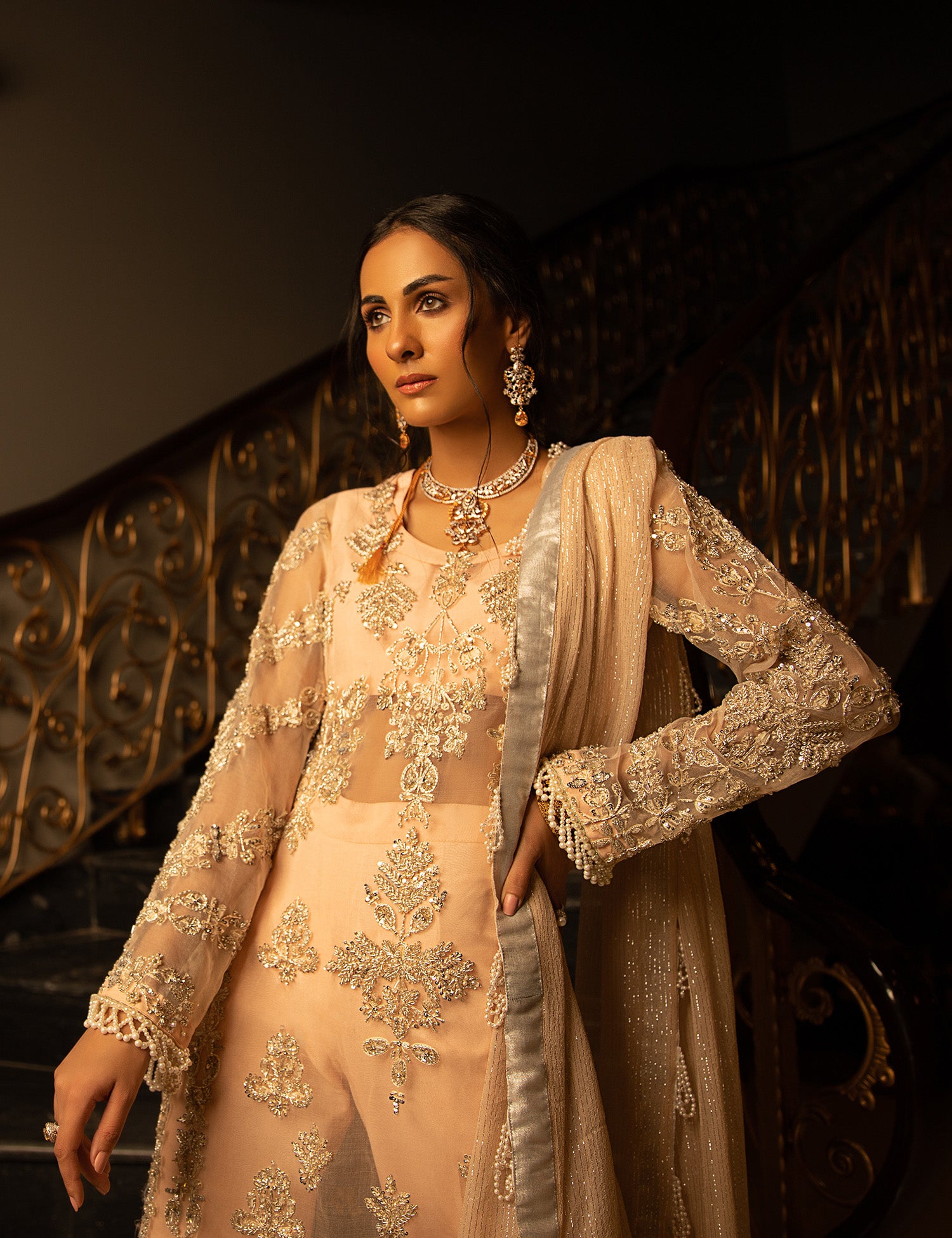 Peachy Pink Embellished Organza Salwar Kameez (3-Piece) - Image 2