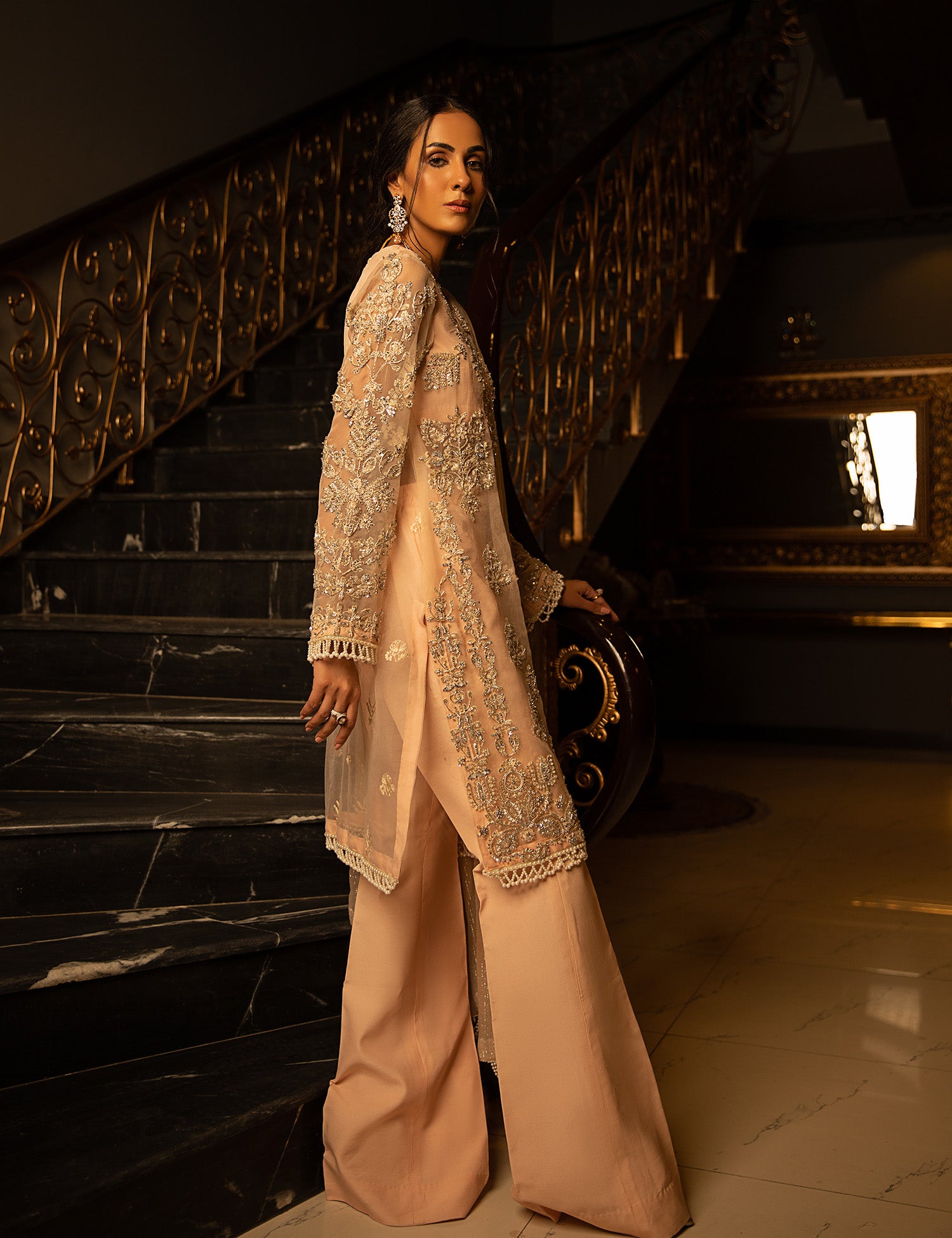 Peachy Pink Embellished Organza Salwar Kameez (3-Piece) - Image 3