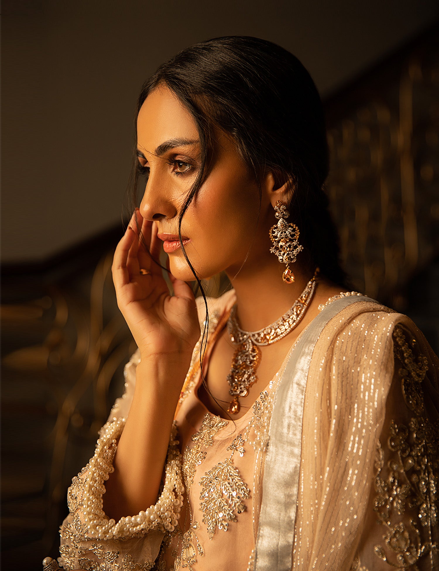 Peachy Pink Embellished Organza Salwar Kameez (3-Piece) - Image 4