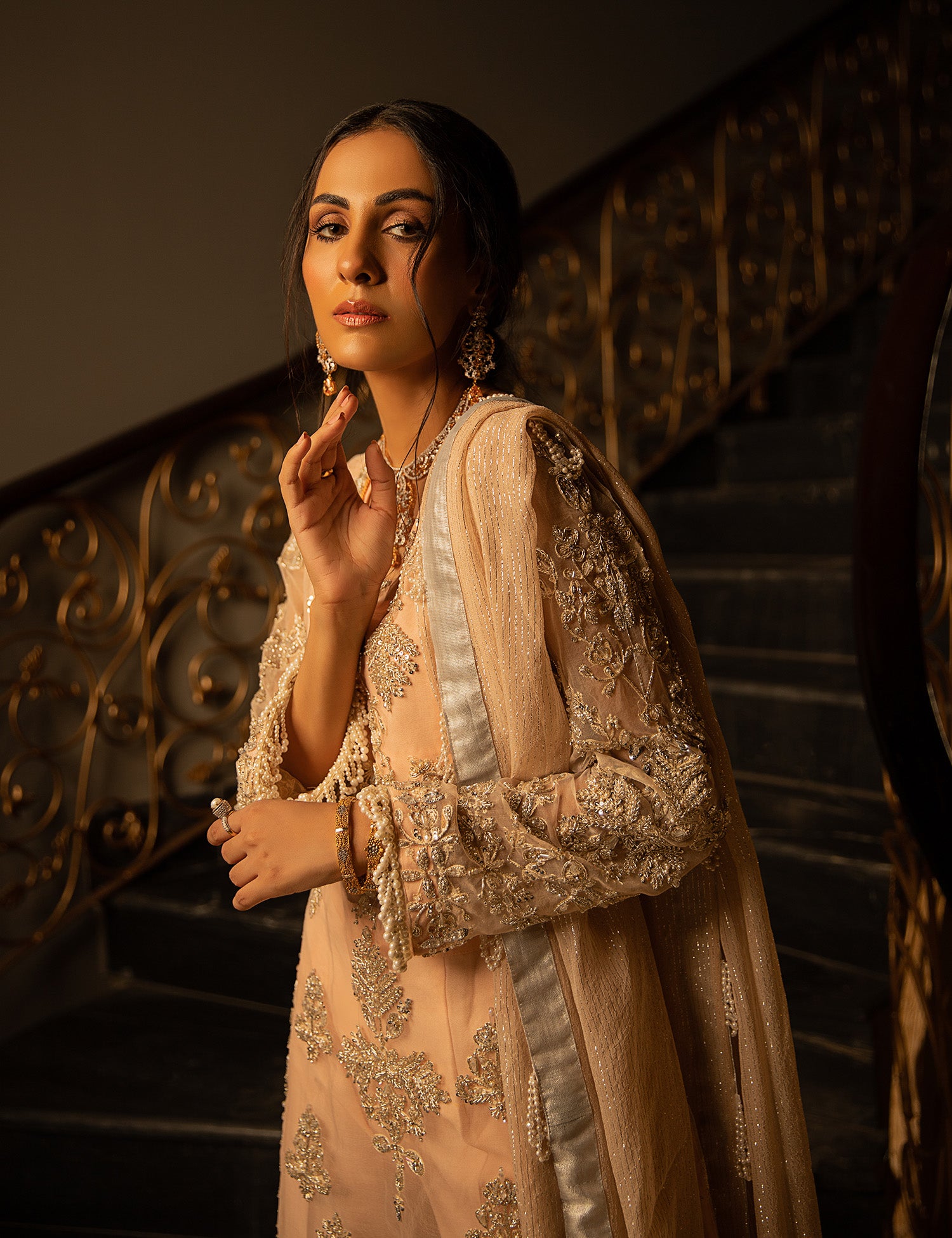 Peachy Pink Embellished Organza Salwar Kameez (3-Piece) - Image 5