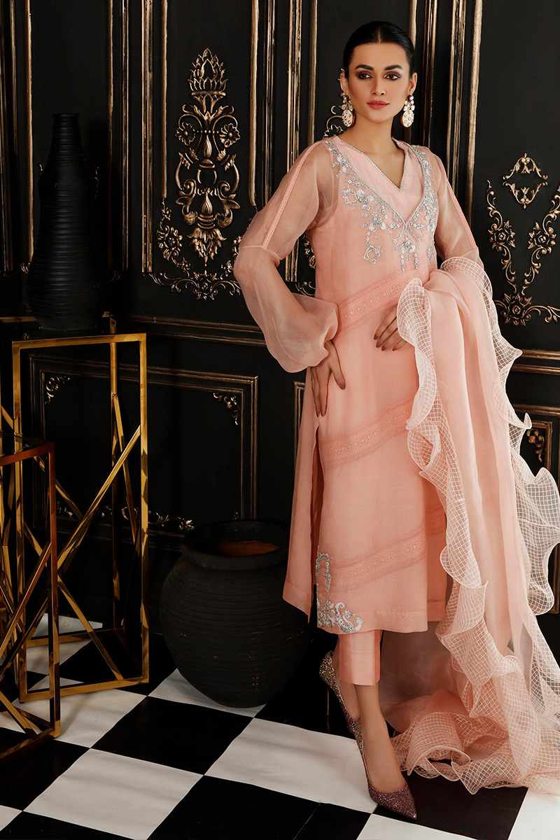Peach Swarovski Embellished Organza Salwar Kameez (3-Piece) - Image 1