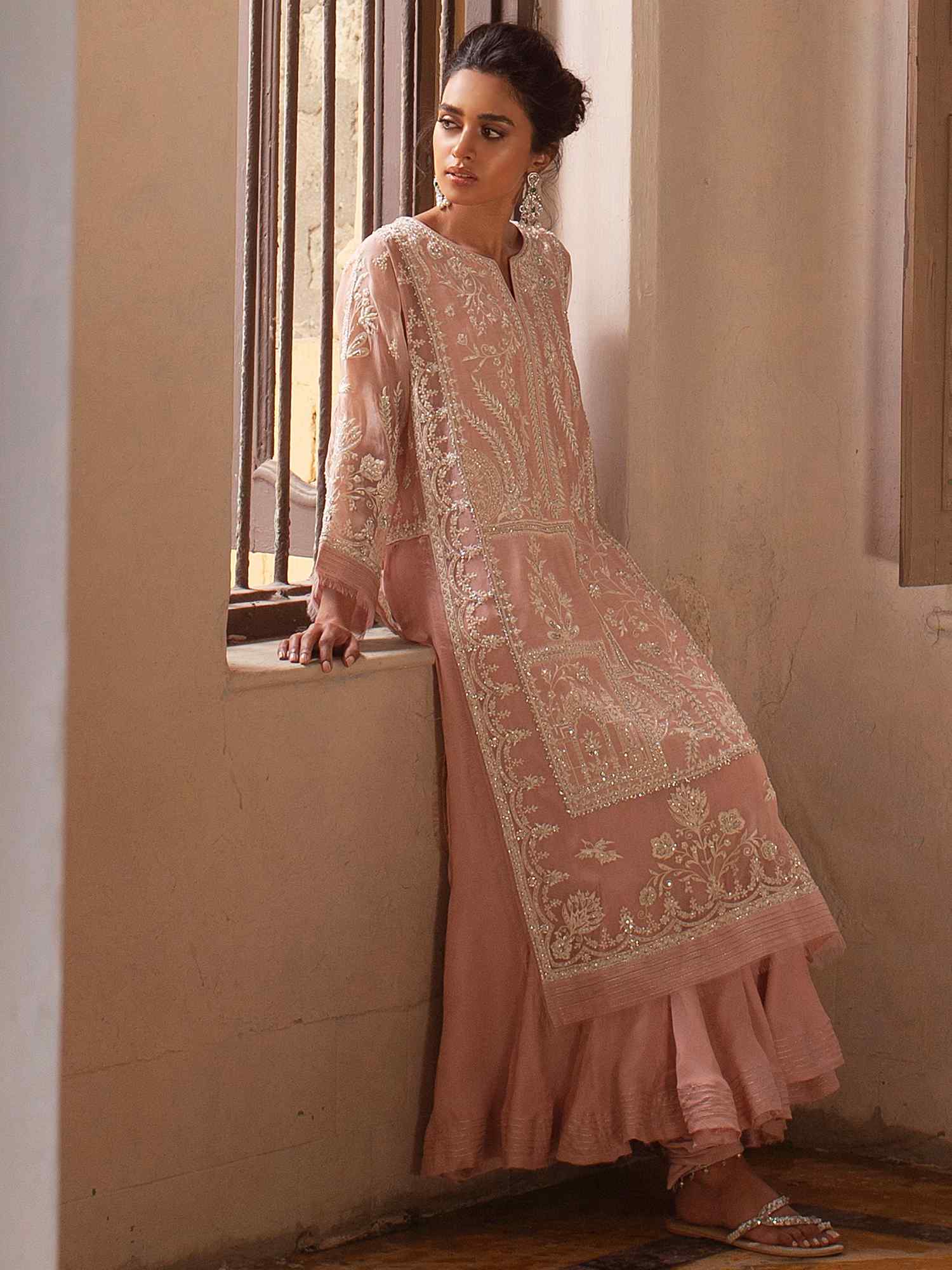 Coral Pink Embroidered Organza Salwar Kameez (3-Piece) - Image 1