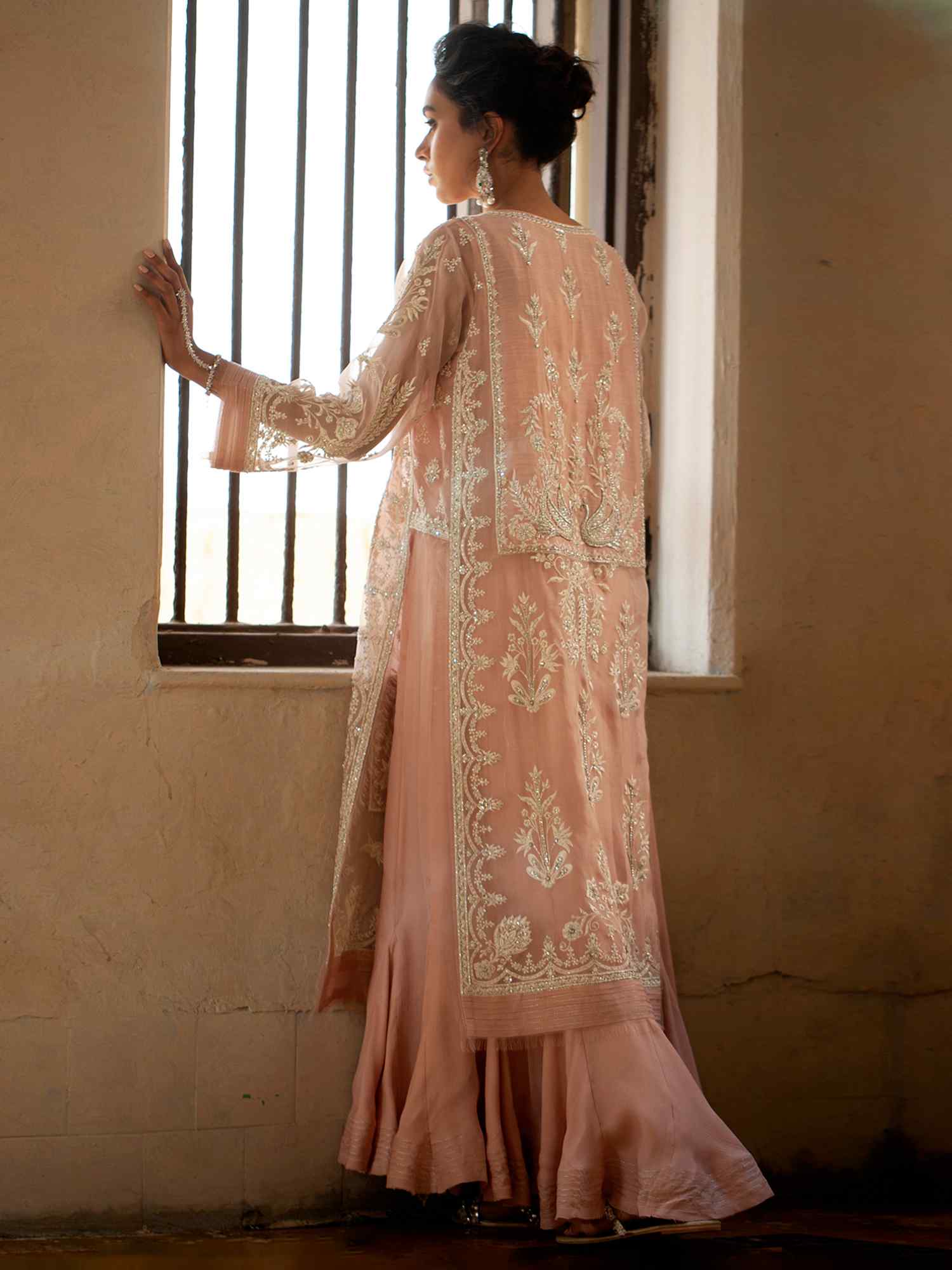 Coral Pink Embroidered Organza Salwar Kameez (3-Piece) - Image 2
