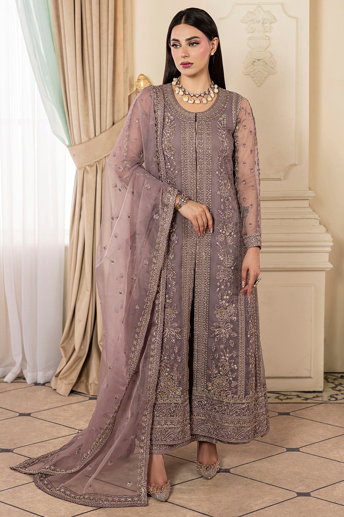 Pakistani Dusty Mauve Embroidered Organza Salwar Kameez (3-Piece) - Image 1