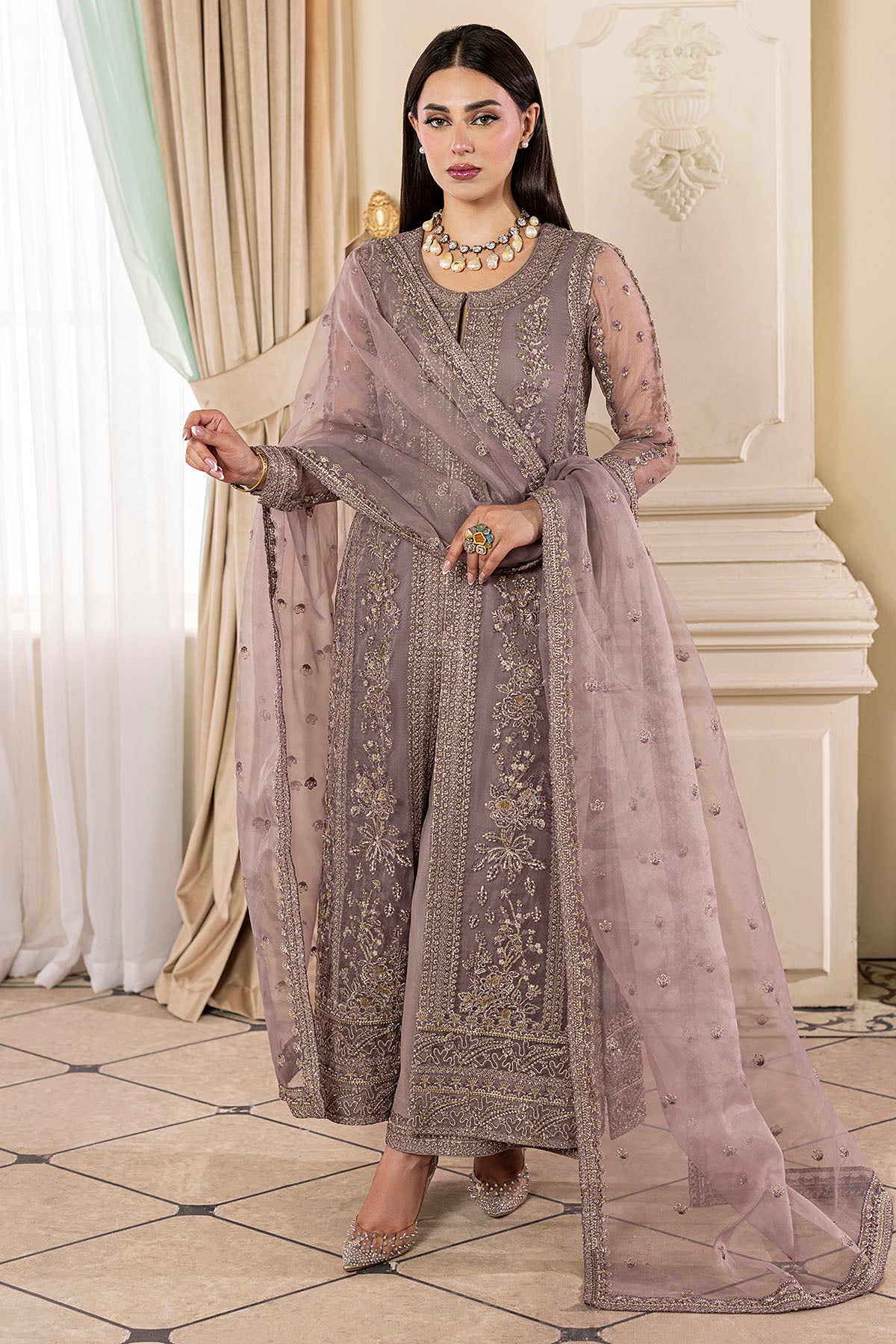 Pakistani Dusty Mauve Embroidered Organza Salwar Kameez (3-Piece) - Image 2