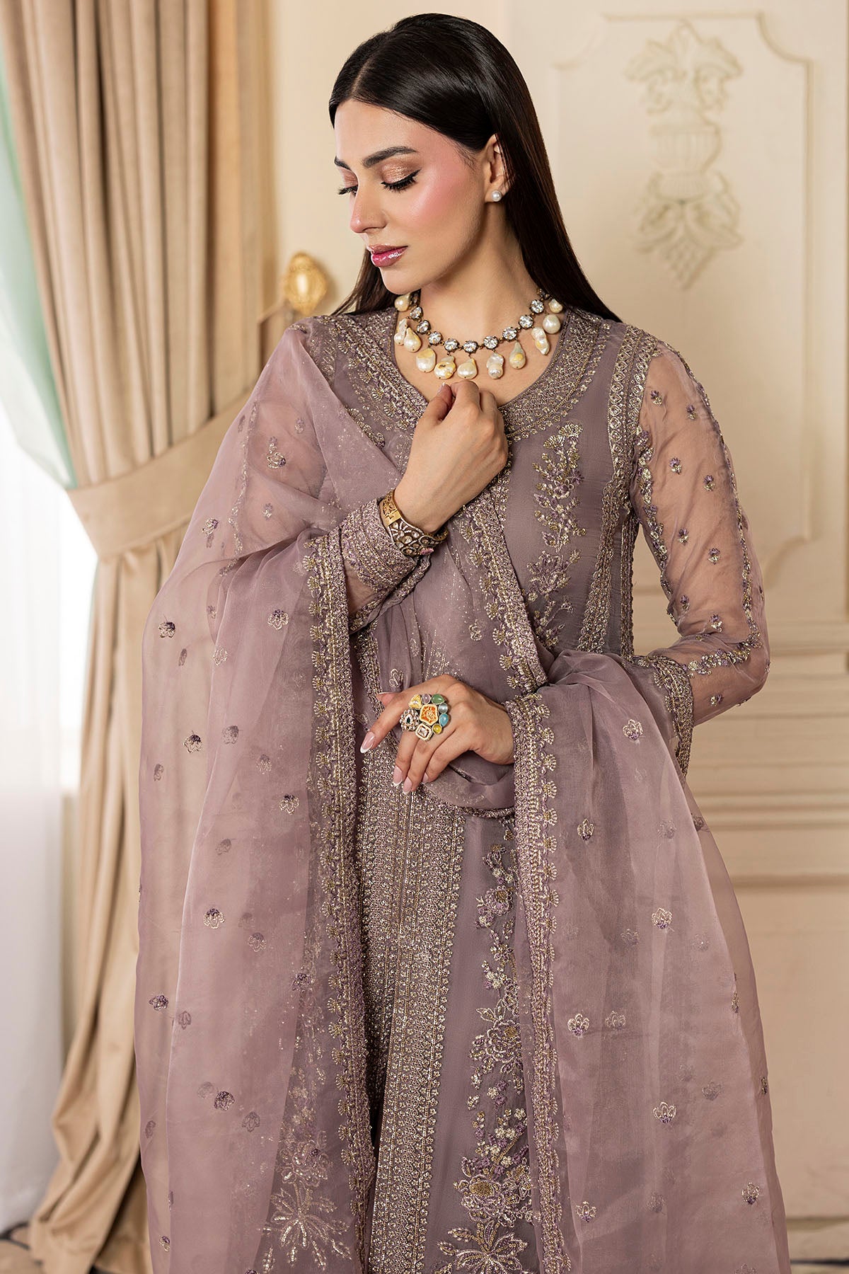 Pakistani Dusty Mauve Embroidered Organza Salwar Kameez (3-Piece) - Image 3