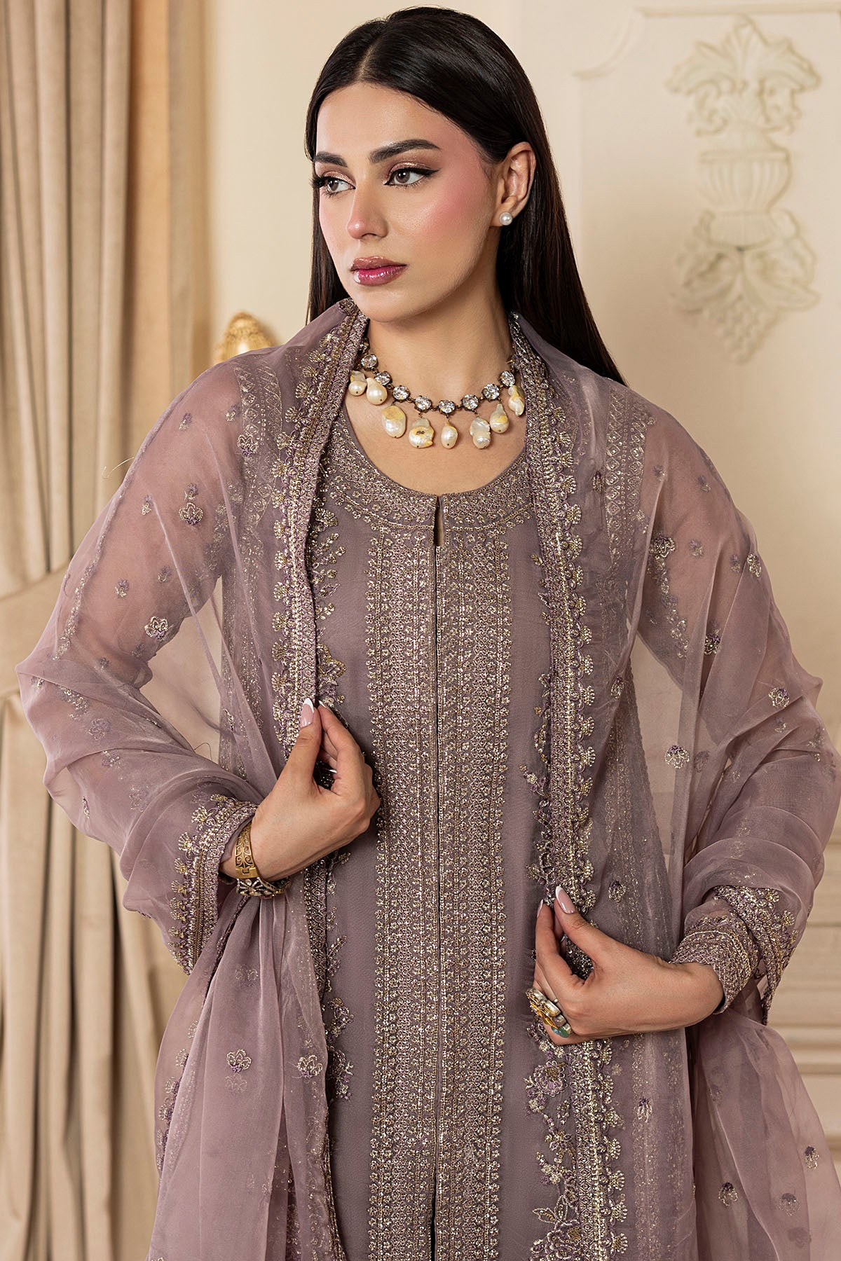 Pakistani Dusty Mauve Embroidered Organza Salwar Kameez (3-Piece) - Image 4