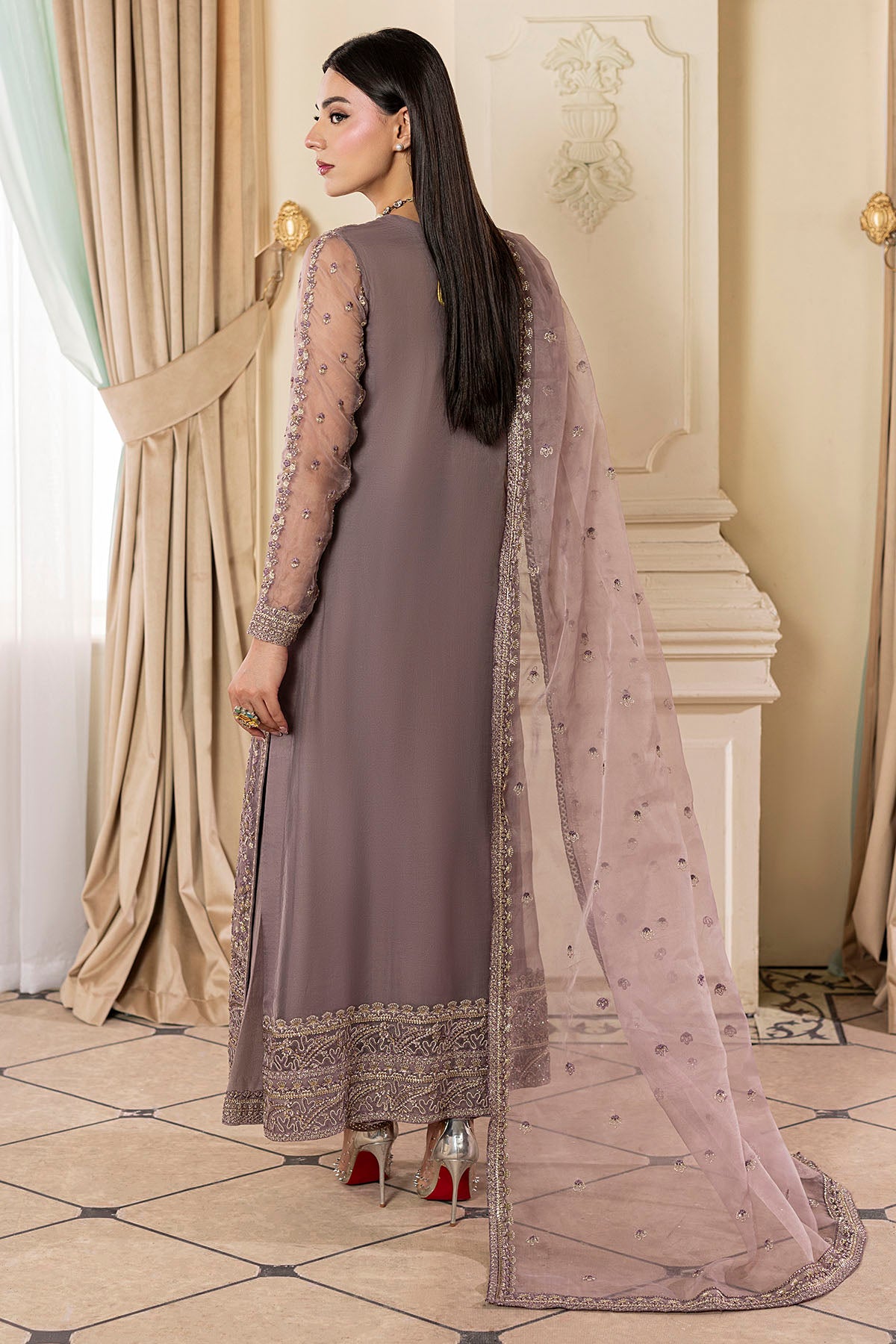 Pakistani Dusty Mauve Embroidered Organza Salwar Kameez (3-Piece) - Image 5