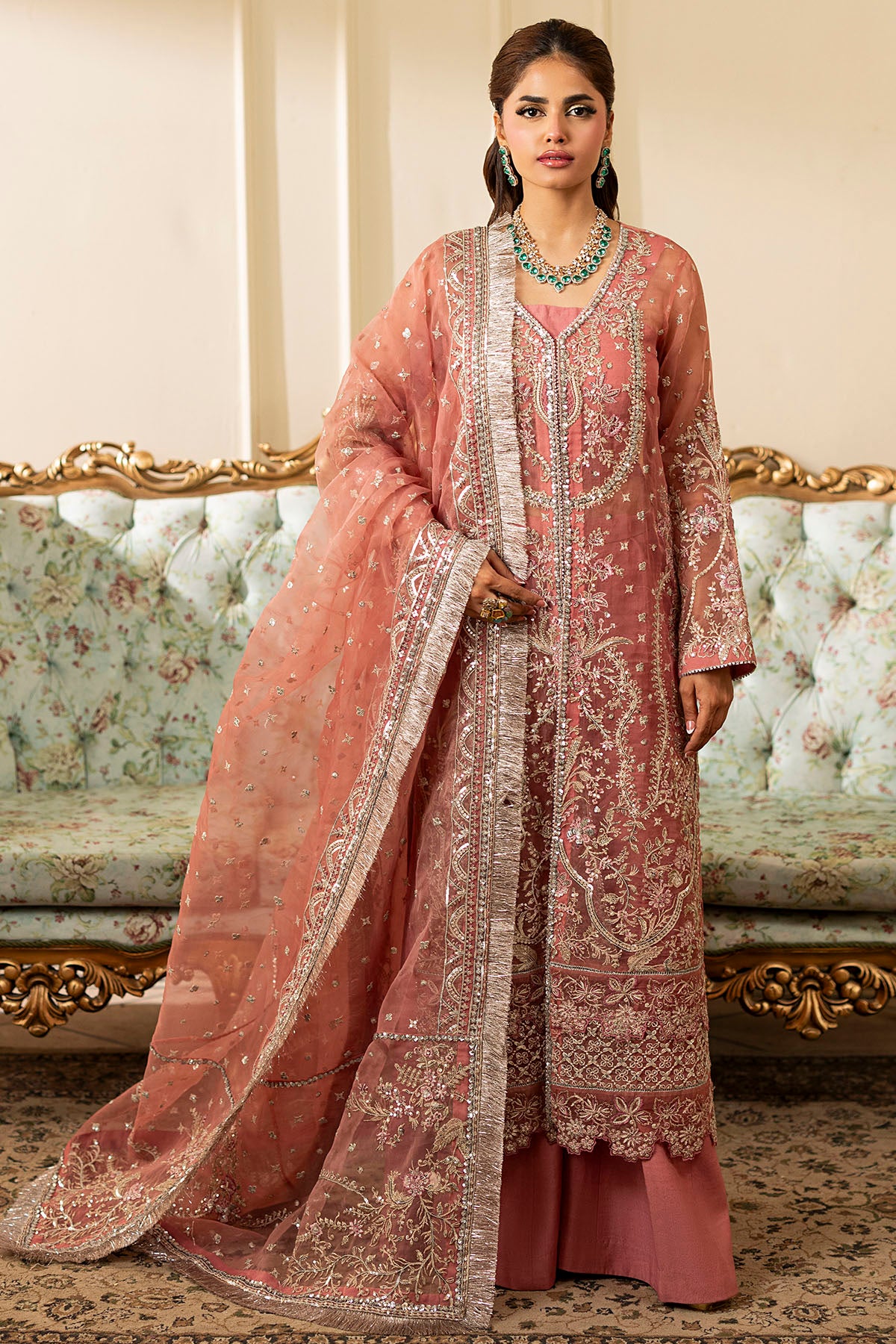 Pakistani Dusty Rose Embroidered Organza Salwar Kameez (3-Piece) - Image 1