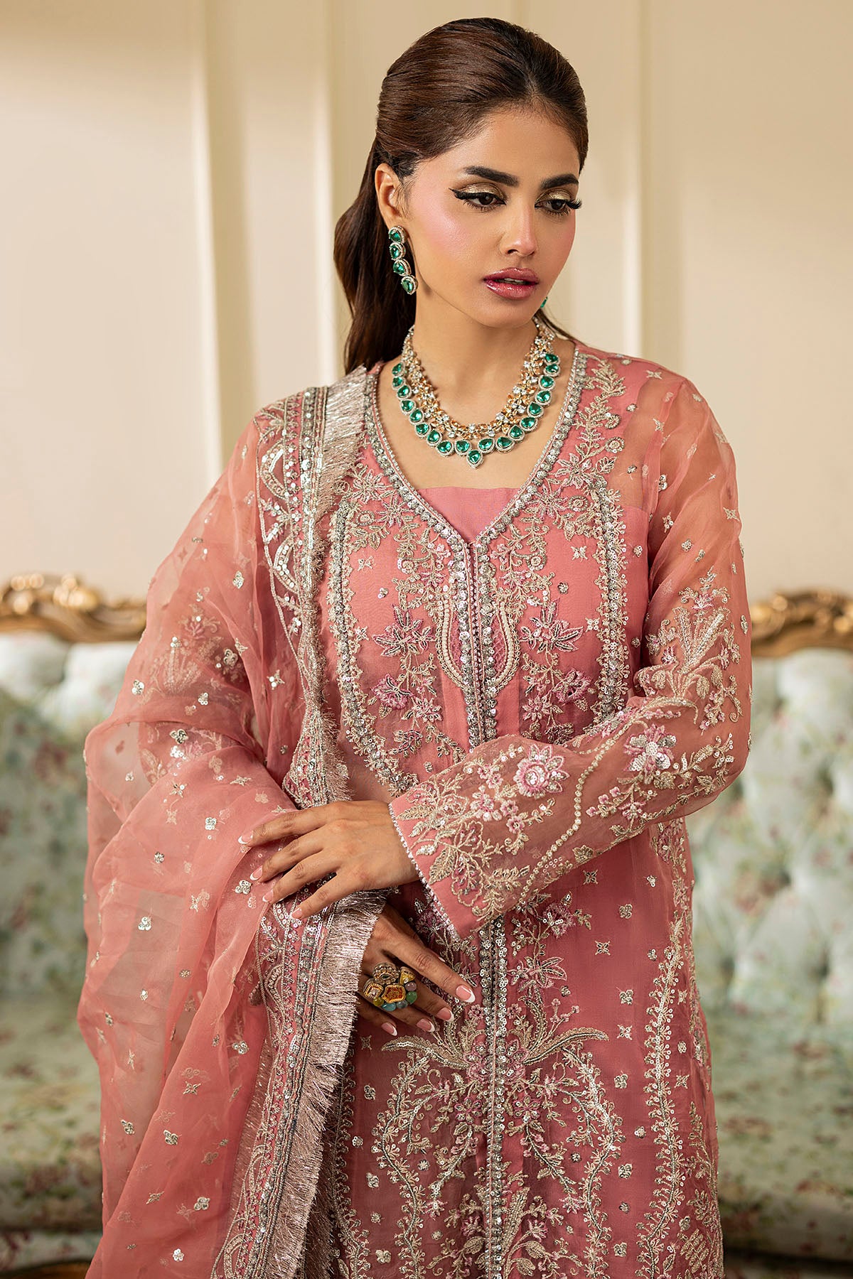 Pakistani Dusty Rose Embroidered Organza Salwar Kameez (3-Piece) - Image 3