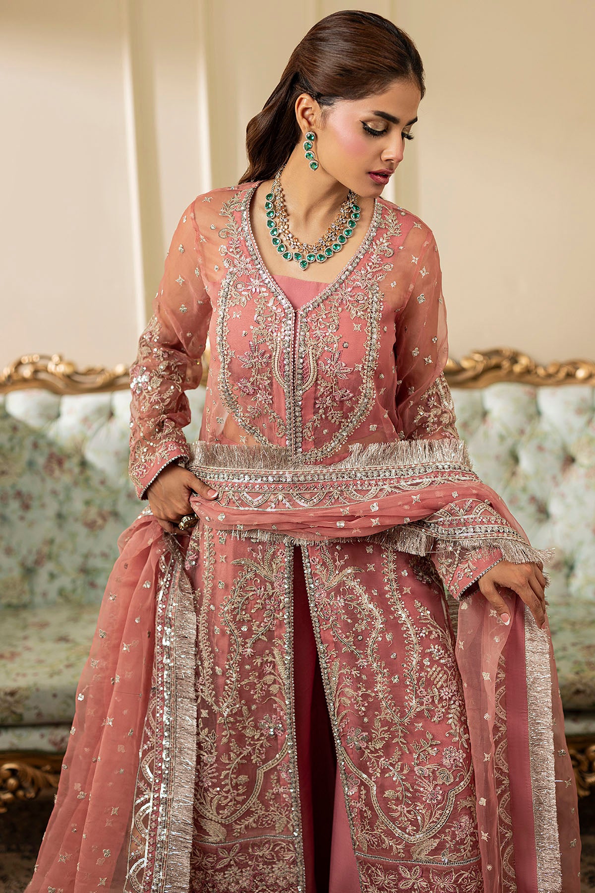 Pakistani Dusty Rose Embroidered Organza Salwar Kameez (3-Piece) - Image 4