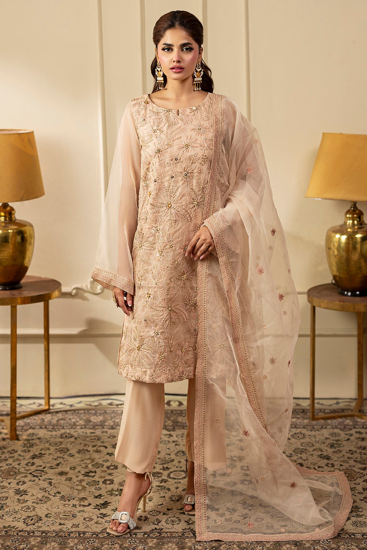 Blush Pink Embroidered Organza 3-Piece Suit - Image 1