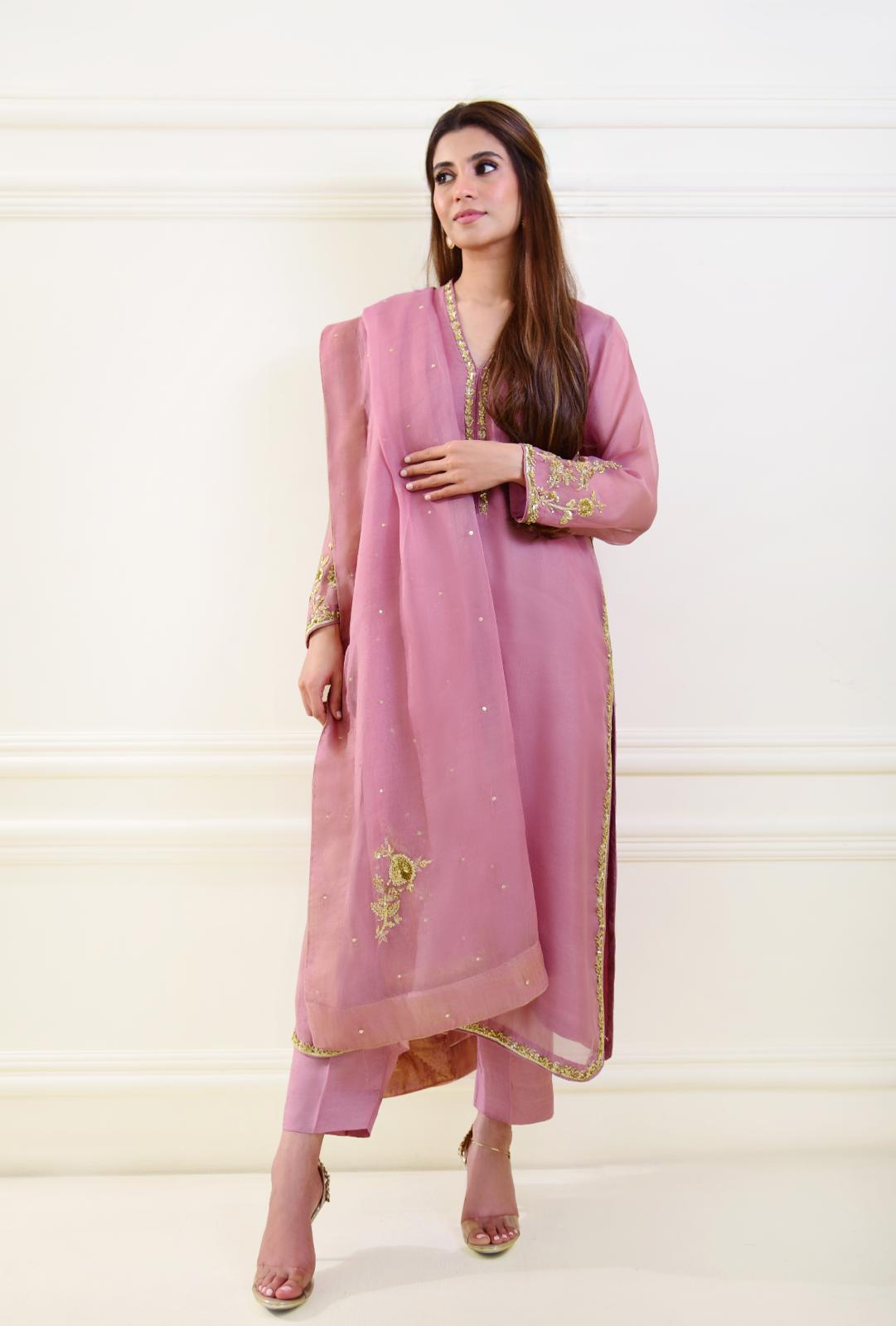 Pakistani Mauve Pink Hand-Embroidered Organza Salwar Kameez (3-Piece) - Image 1