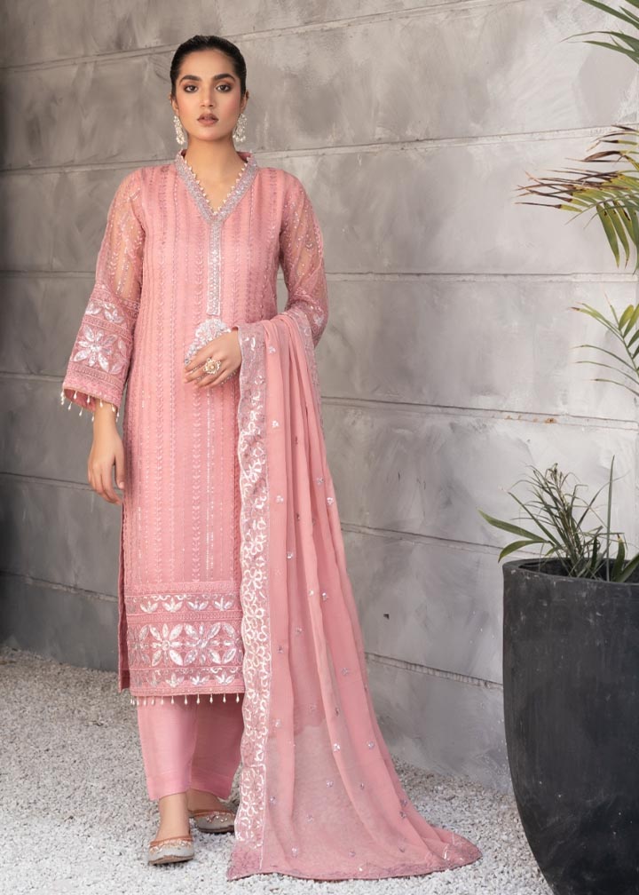 Pakistani Tea Rose Pink Embroidered Organza & Chiffon Kurta (3-Piece) - Image 1
