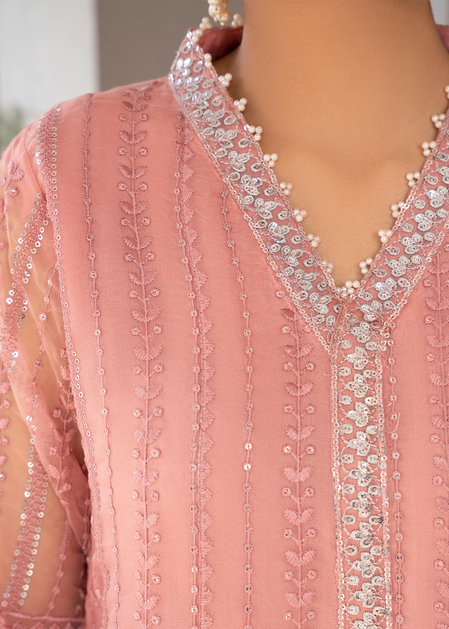 Pakistani Tea Rose Pink Embroidered Organza & Chiffon Kurta (3-Piece) - Image 7