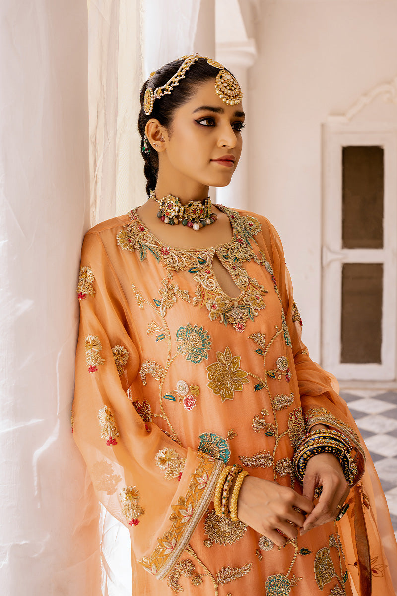 Peach Embroidered Organza & Silk Salwar Kameez (3-Piece) - Image 2