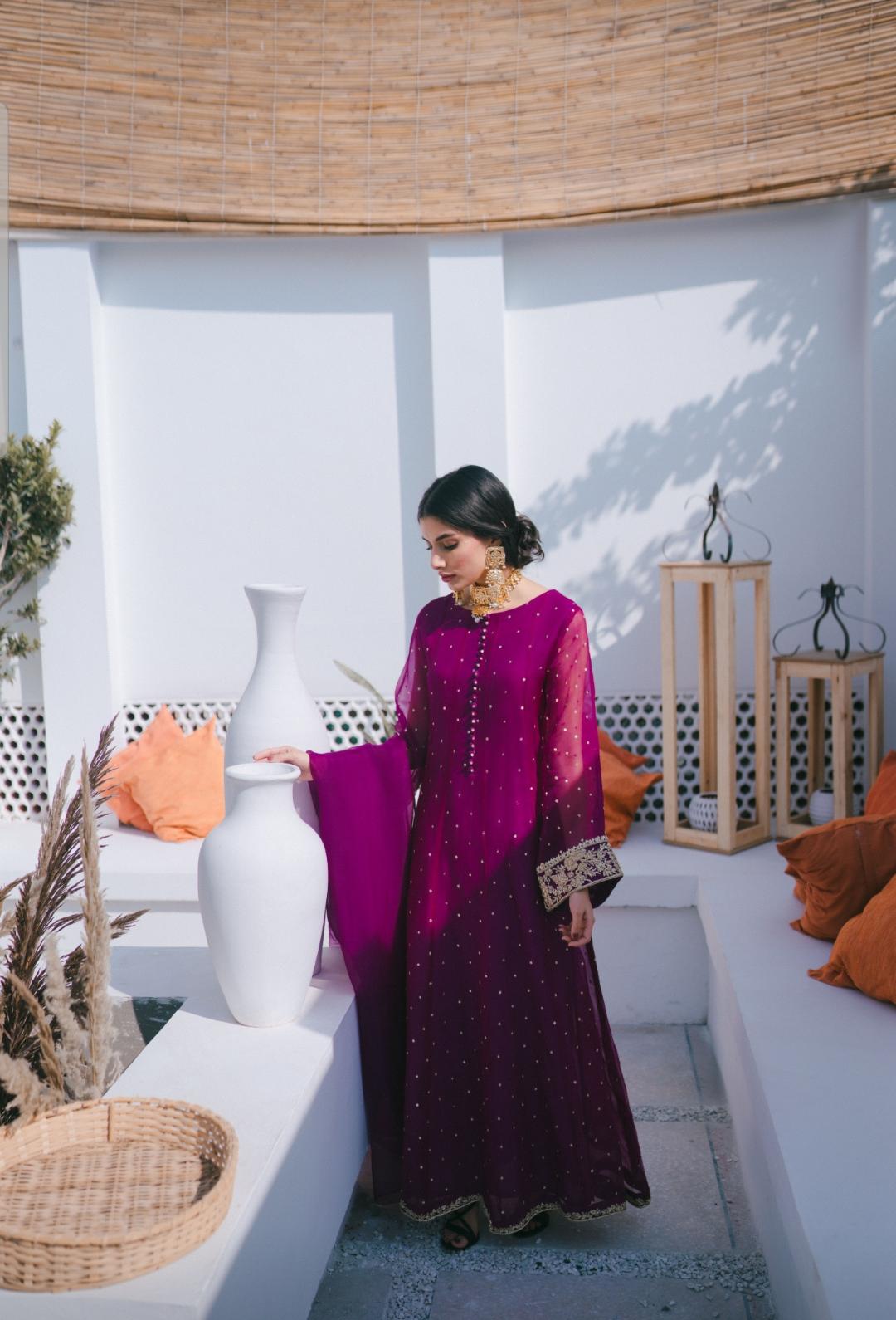 Pakistani Magenta Embellished Pure Organza Salwar Kameez (3-Piece) - Image 1