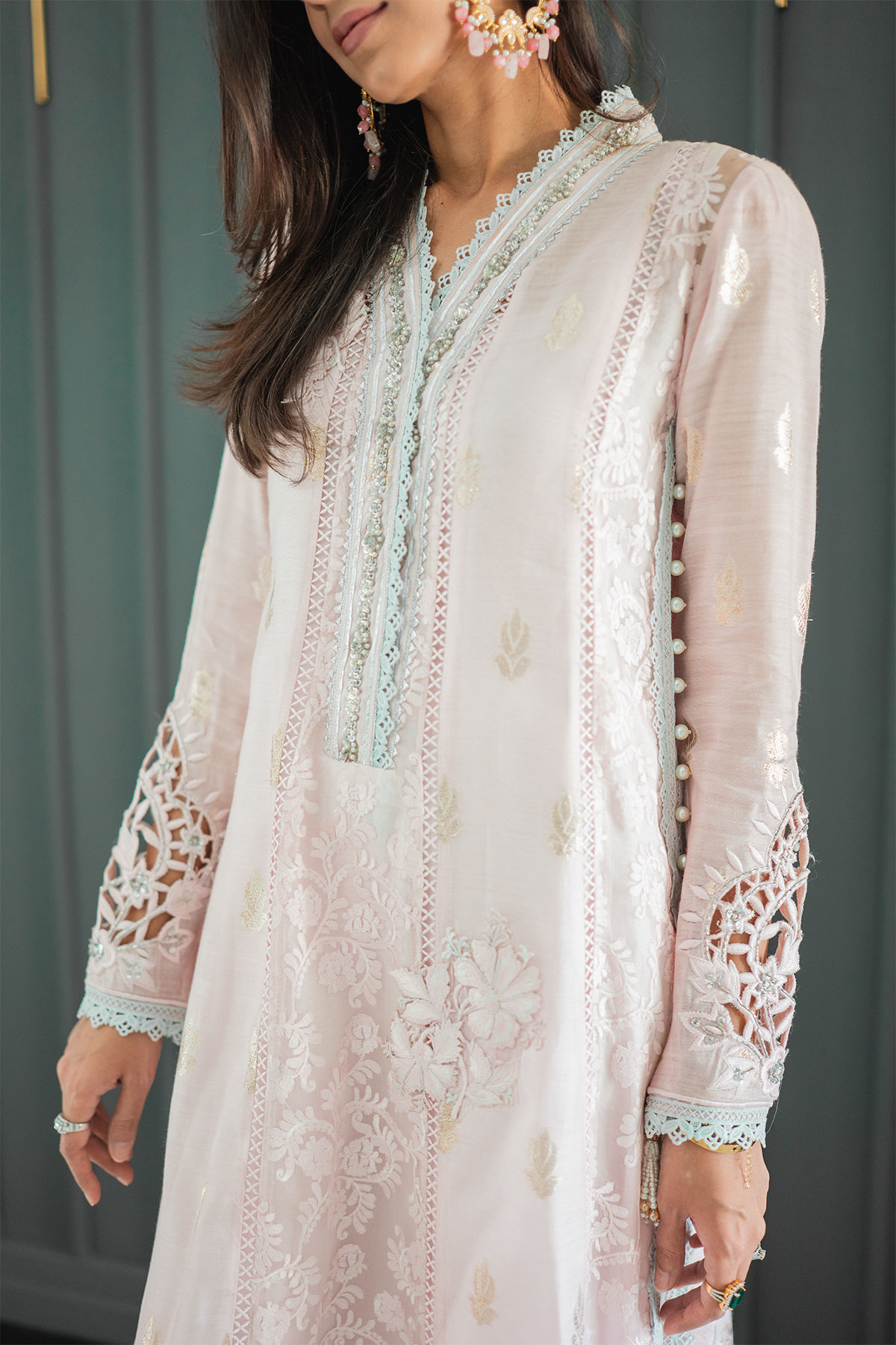 Powder Pink Zardozi Organza A-Line Salwar Kameez (3-Piece) - Image 10