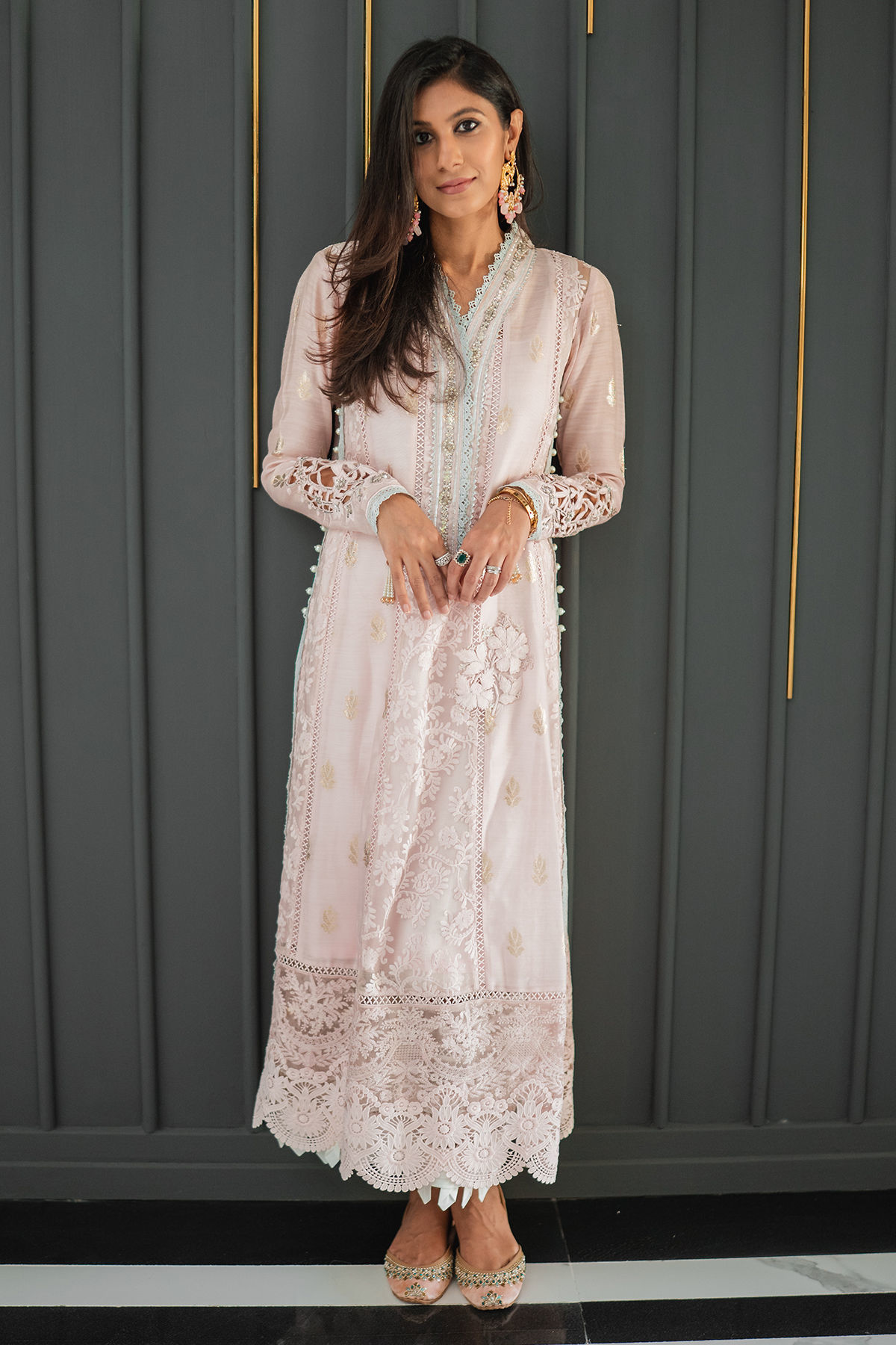 Powder Pink Zardozi Organza A-Line Salwar Kameez (3-Piece) - Image 11