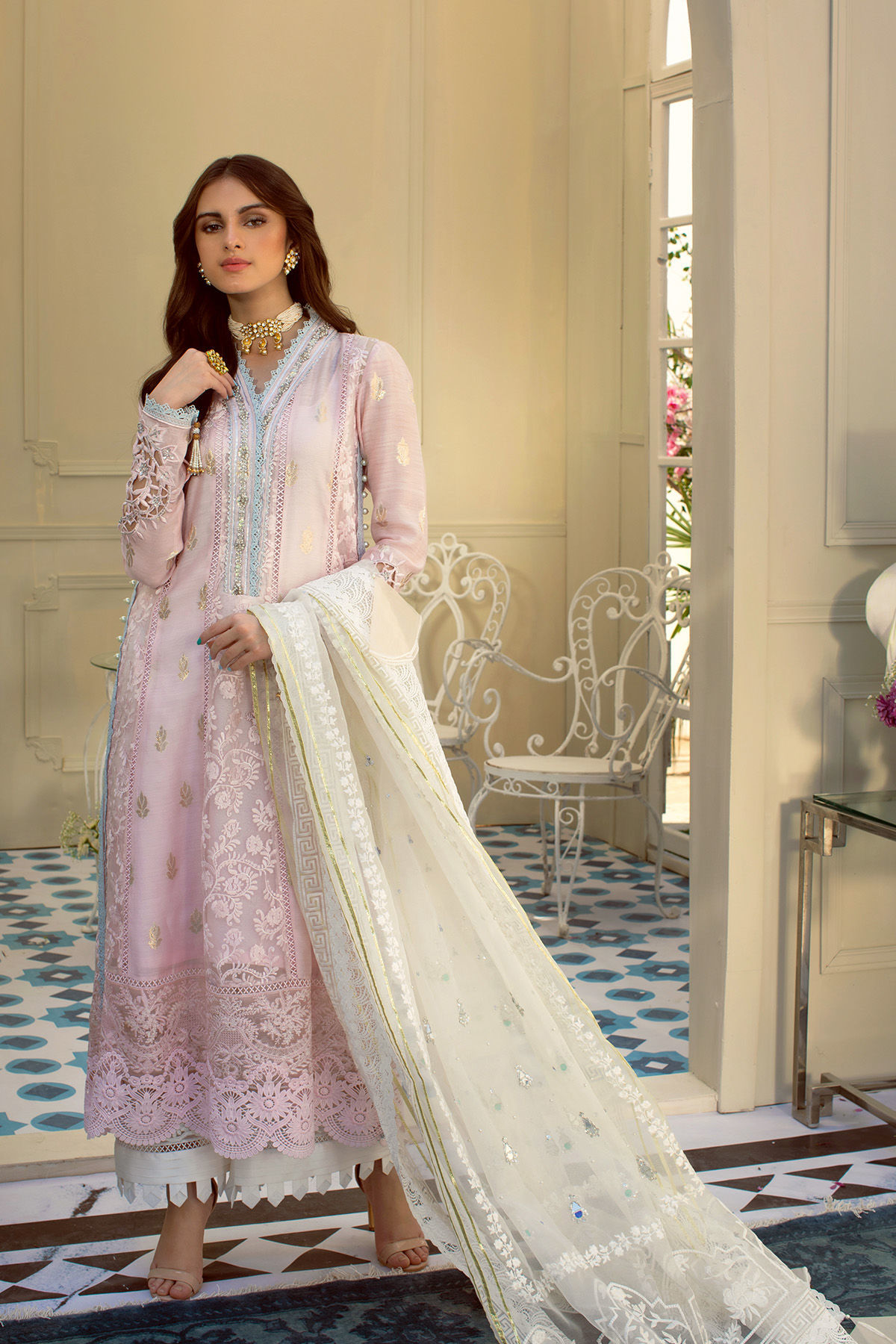Powder Pink Zardozi Organza A-Line Salwar Kameez (3-Piece) - Image 2