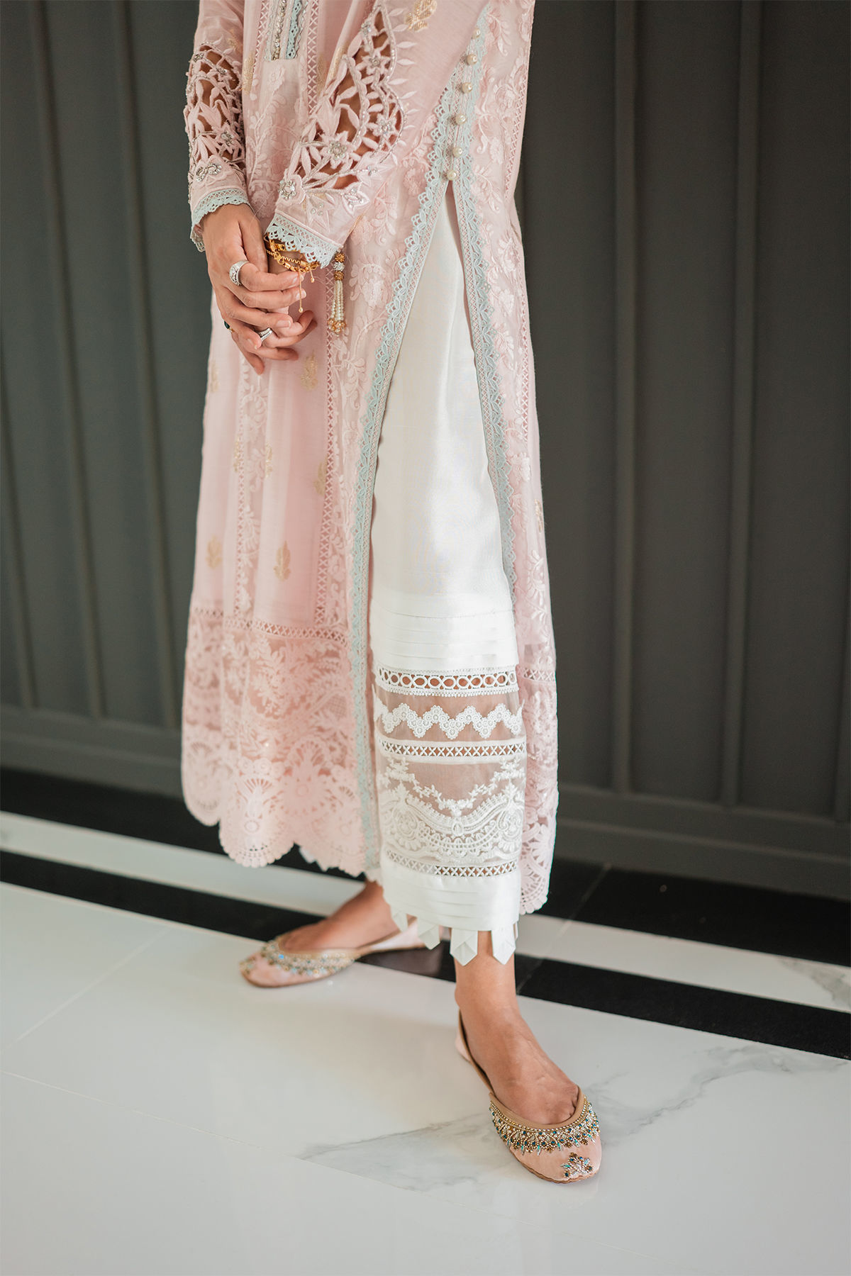 Powder Pink Zardozi Organza A-Line Salwar Kameez (3-Piece) - Image 7