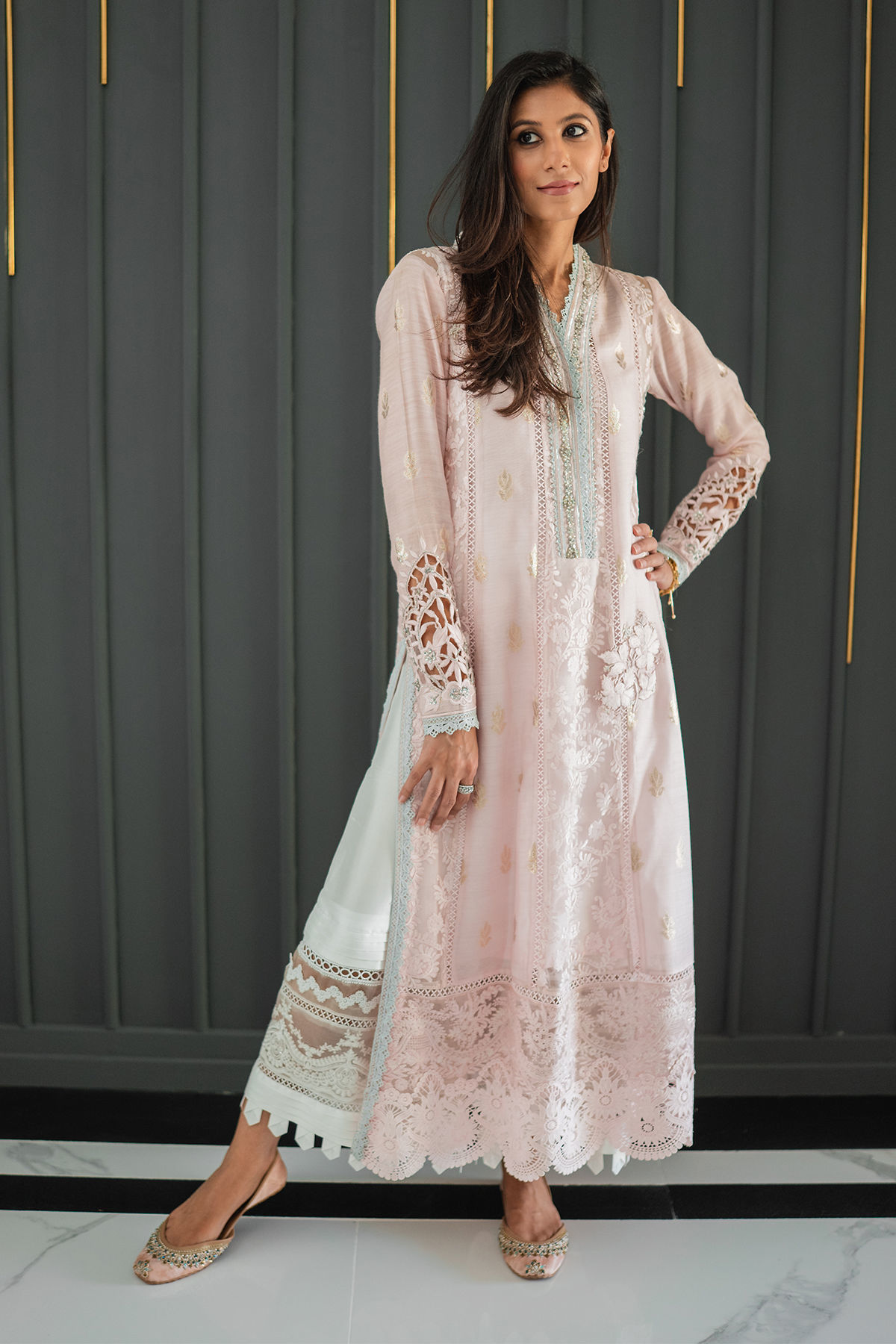 Powder Pink Zardozi Organza A-Line Salwar Kameez (3-Piece) - Image 8