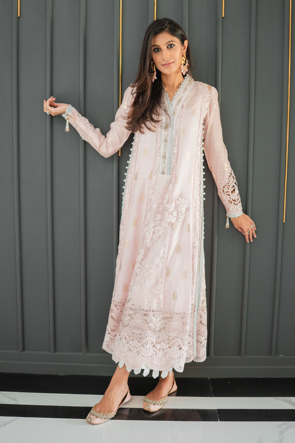 Powder Pink Zardozi Organza A-Line Salwar Kameez (3-Piece) - Image 9