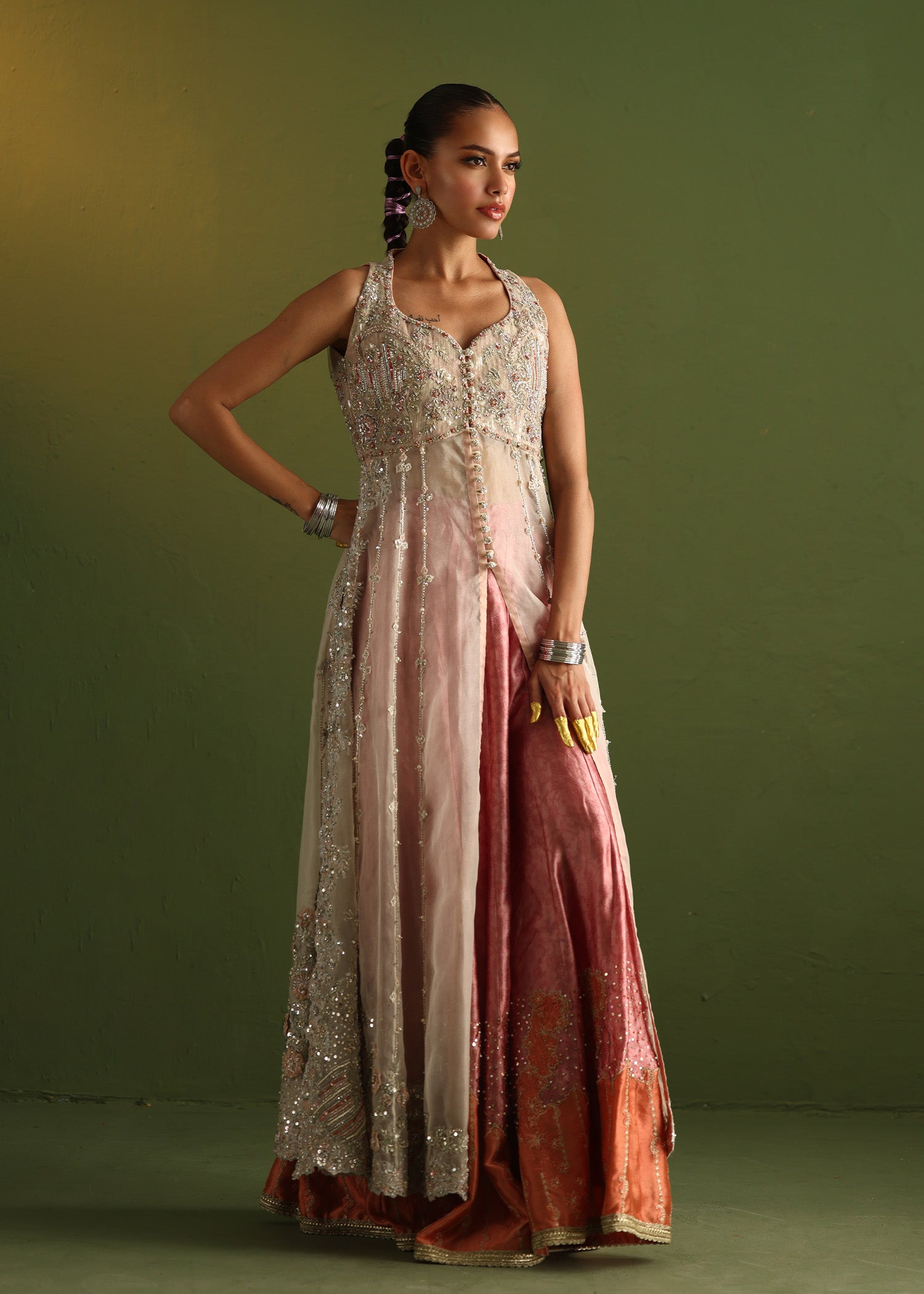 Pink Zardozi Embroidered Pure Organza Salwar Kameez (3-Piece) - Image 4